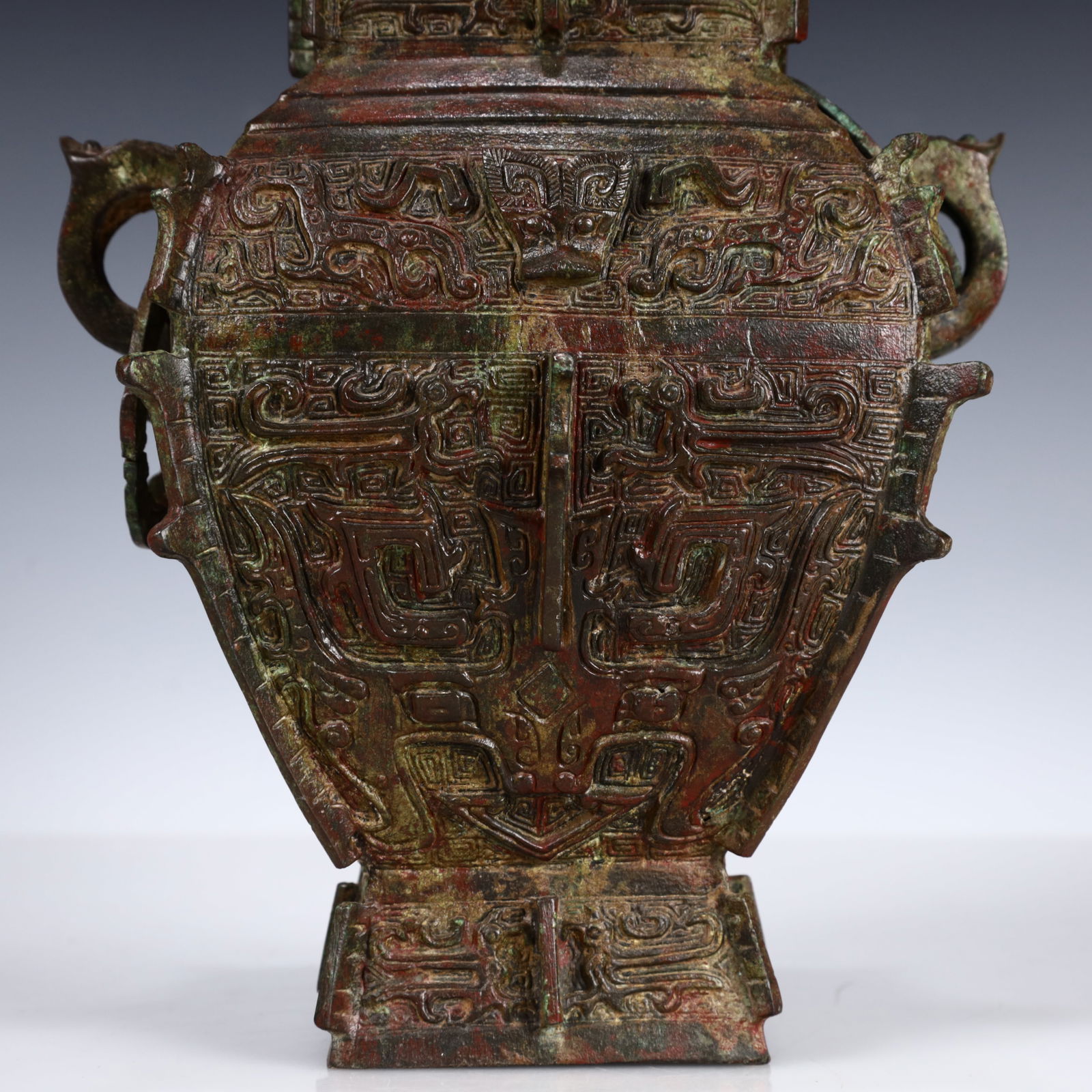 A Rare Bronze Beast-Face Pattern Double-Ears Bottle - 3