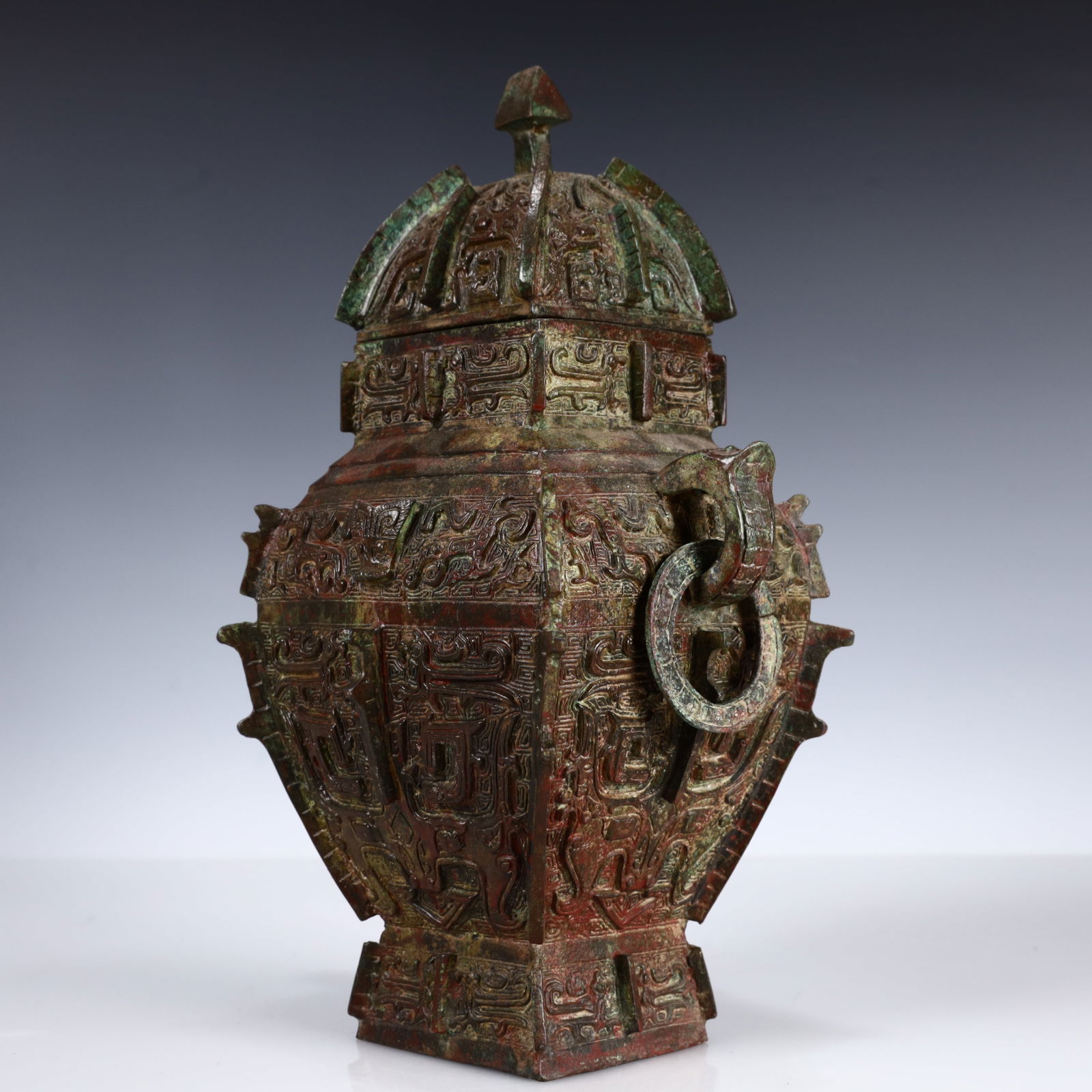 A Rare Bronze Beast-Face Pattern Double-Ears Bottle - 4