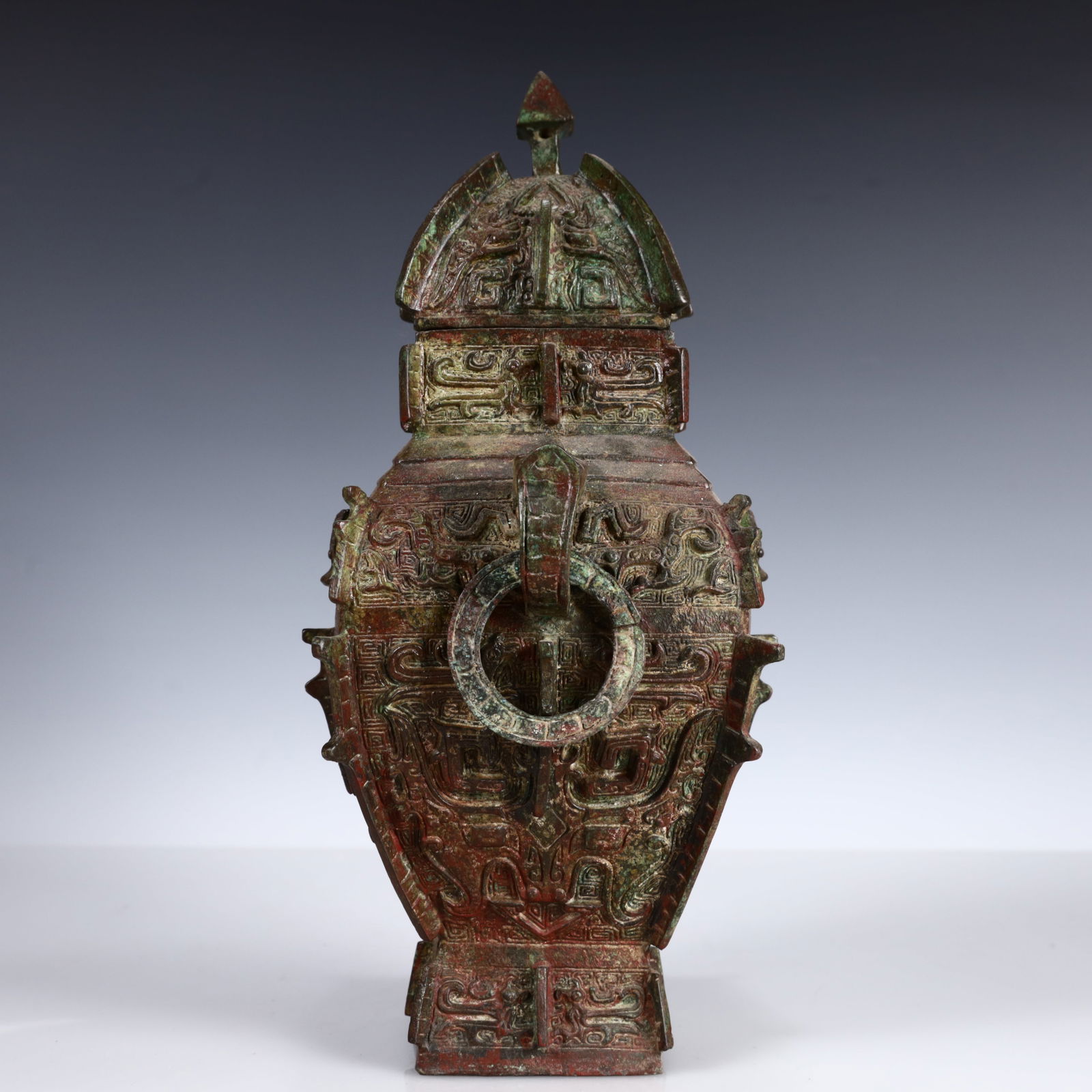 A Rare Bronze Beast-Face Pattern Double-Ears Bottle - 5