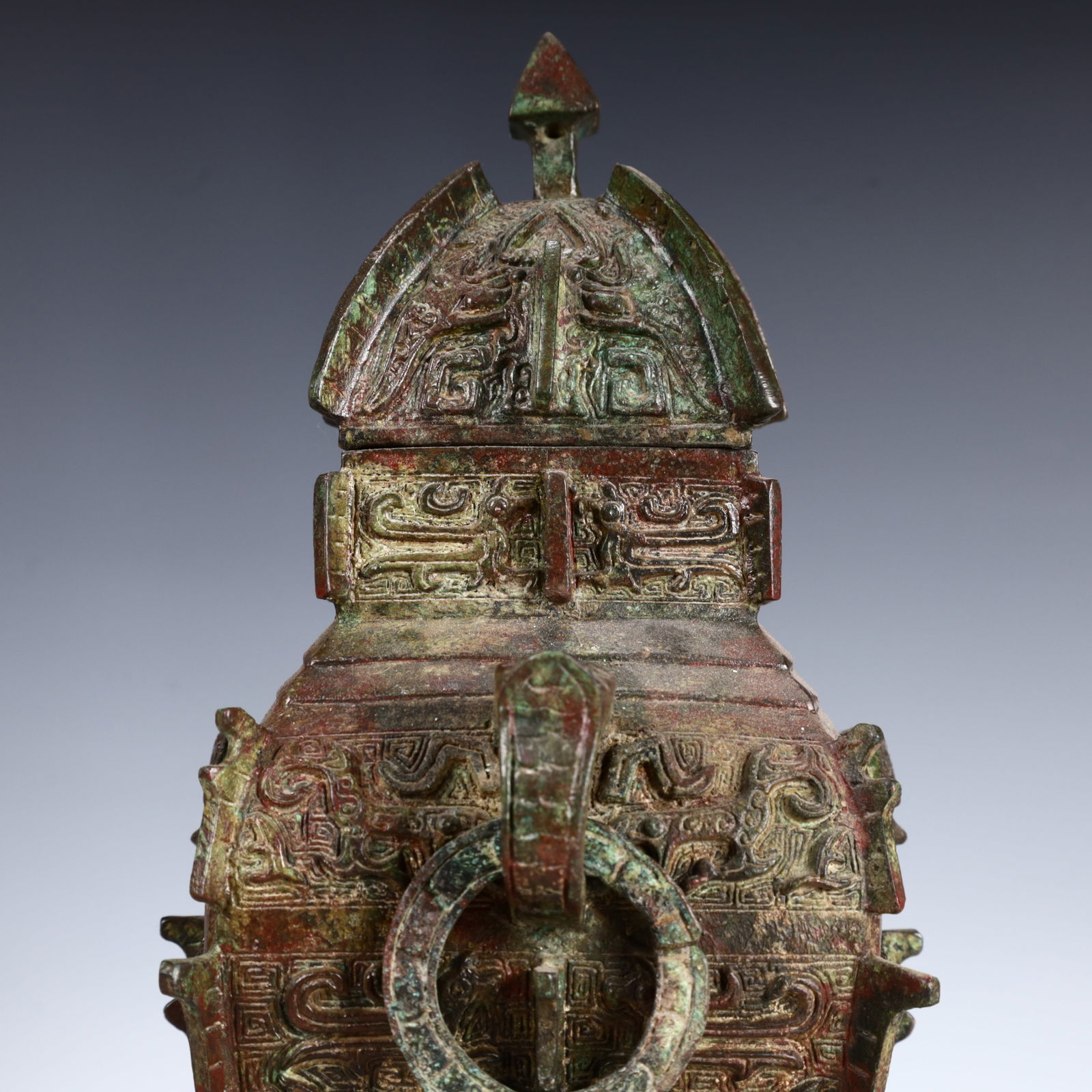 A Rare Bronze Beast-Face Pattern Double-Ears Bottle - 6