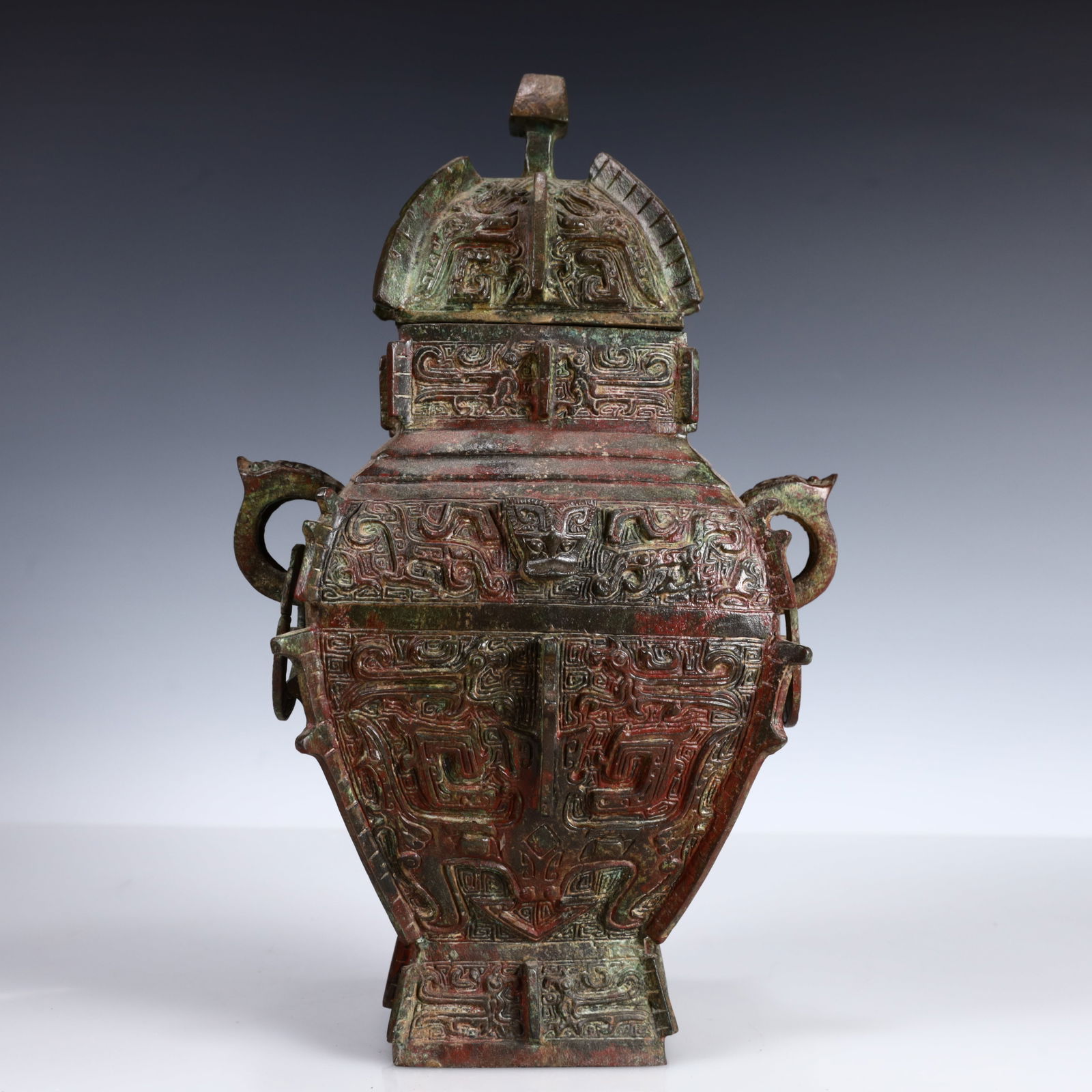 A Rare Bronze Beast-Face Pattern Double-Ears Bottle - 8