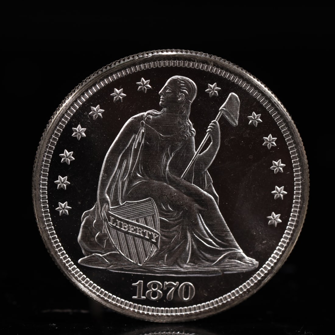 USA One Dollar 1870 Coin: American coin. IN GOD WE TRUST / LIBERTY / 1870 / UNITED STATES OF AMERICA / ONE DOL. Mint Mark: CC.Weight:26.9g.