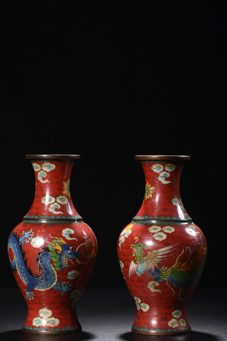 A Pair of Exquisite Cloisonne Dragon and Phoenix Pattern Vases (1 of 9)
