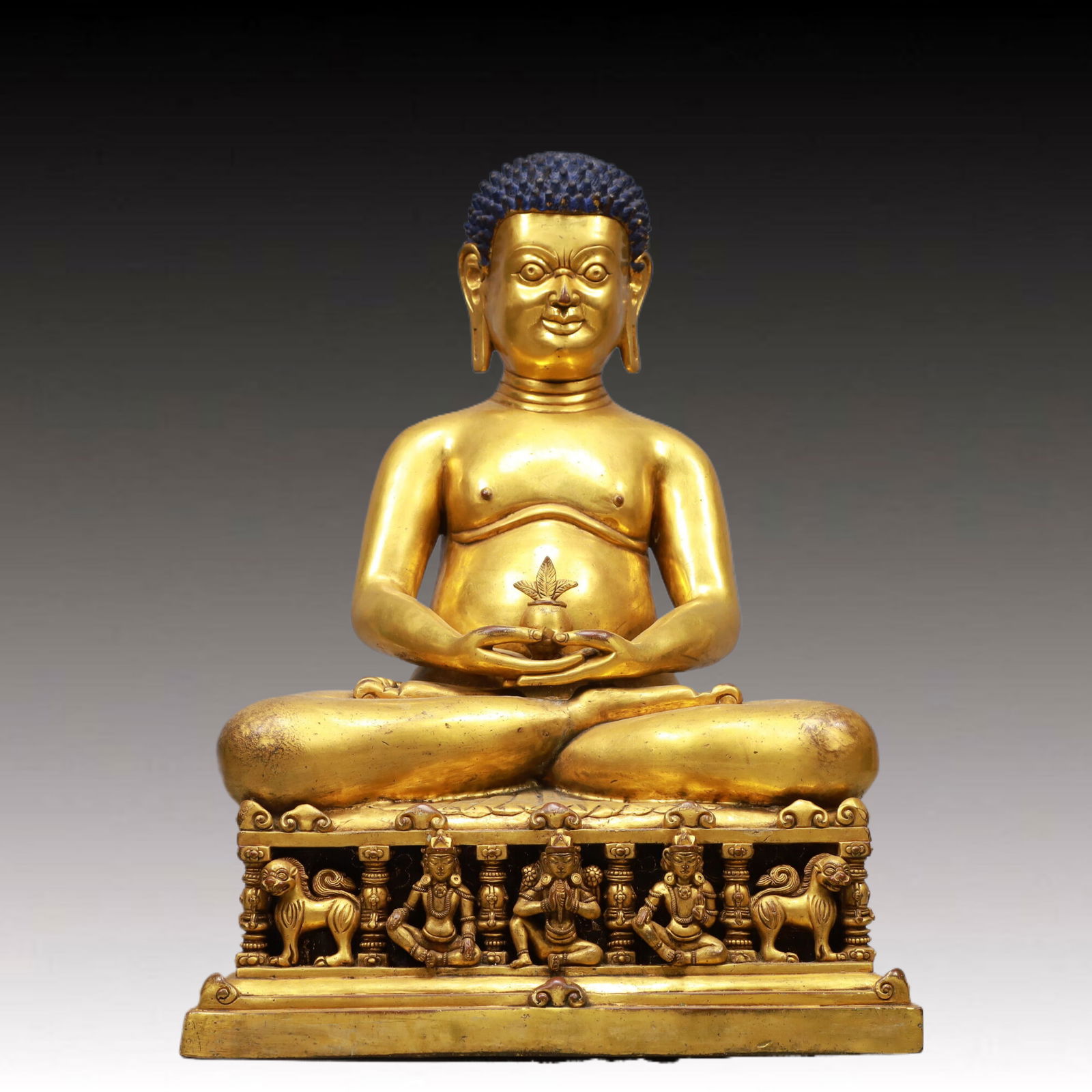 A Solemn Gilt Bronze Statue of Sakyamuni, With Inscription: A Solemn Gilt Bronze Statue of Sakyamuni, With Inscription,Ming Dynasty, China,Size:35x24x19.3in,Weight:19150g 铜鎏金如来像, With
