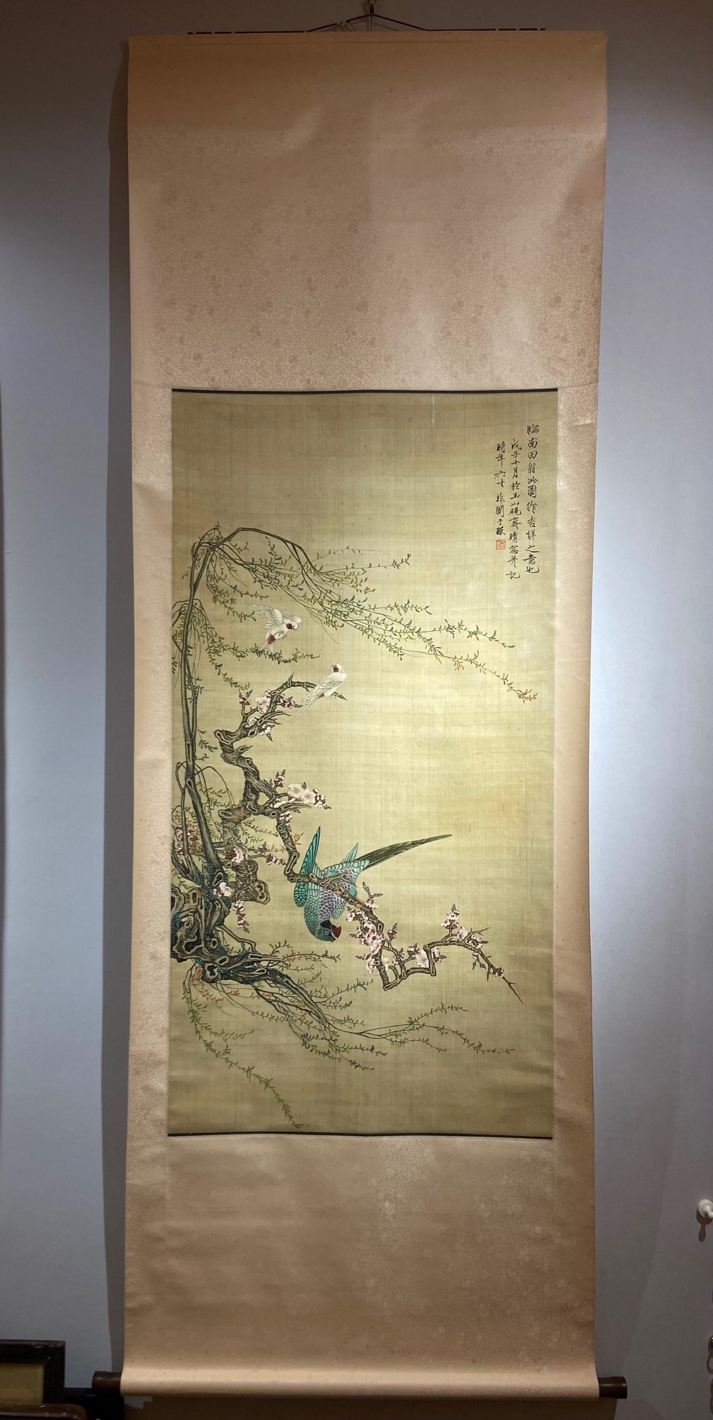 A Chinese Vertical Scroll Ink Painting of Flower and Bird on Silk (1 of 9)