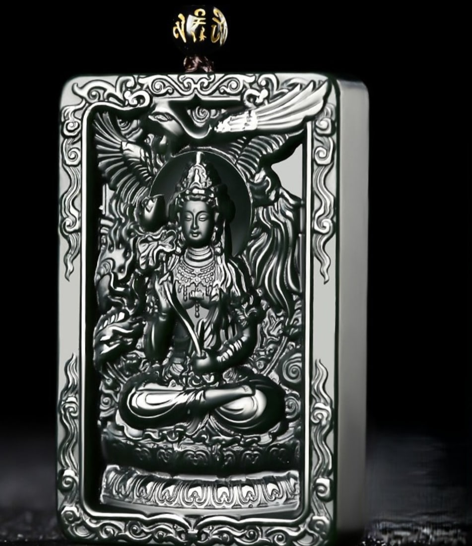 An Exquisite Cyan jade Statue of Bodhisattva Pendant: An Exquisite Cyan jade Statue of Bodhisattva Pendant,Size:2.4inx1.6inx0.4in 青玉菩萨像挂件