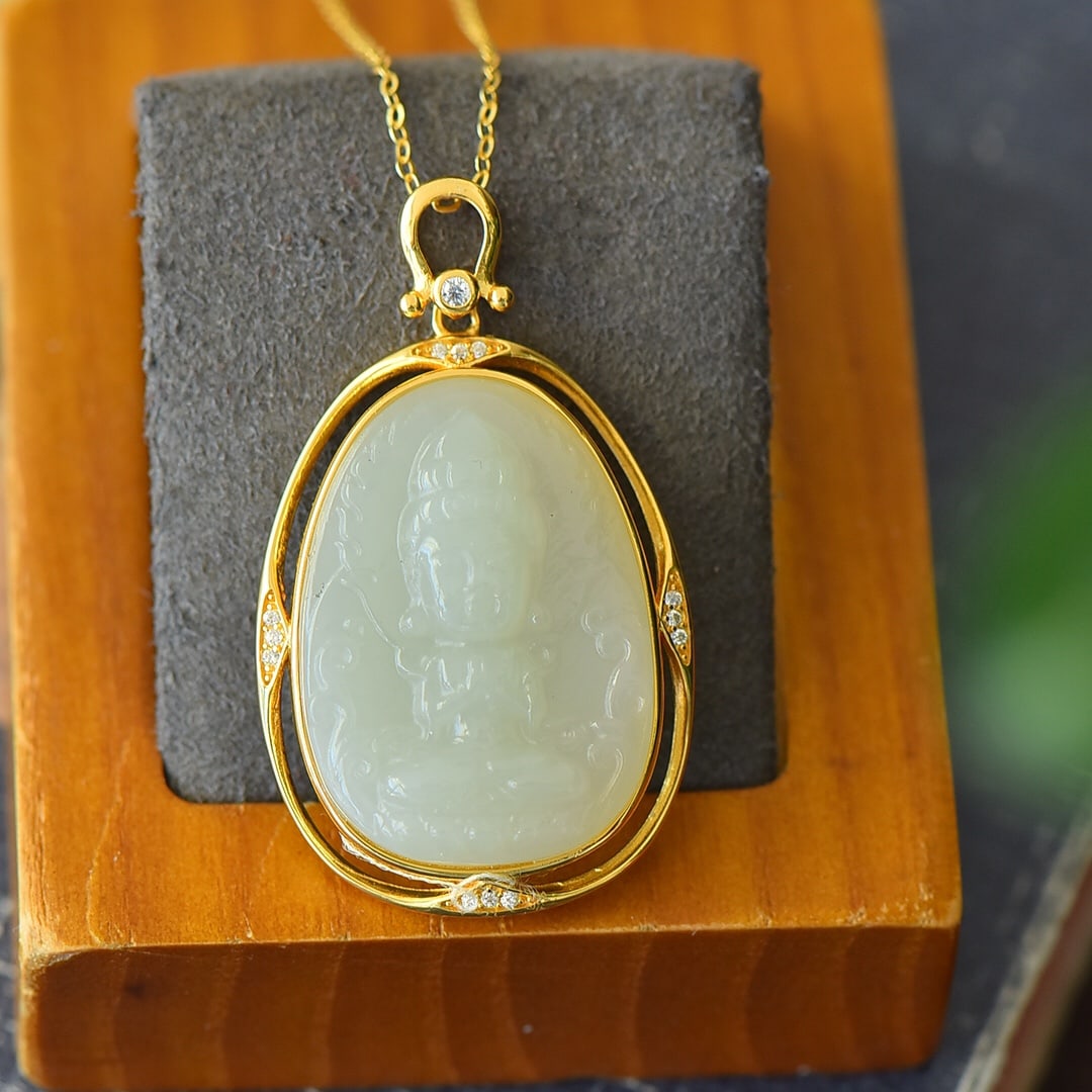 A Pair of Exquisite Sterling Silver-Gold Plated Inlaid White Jade Necklace,Inlaid Diamond: A Pair of Exquisite Sterling Silver-Gold Plated Inlaid White Jade Necklace,Inlaid Diamond,Size:1inx1.7in 