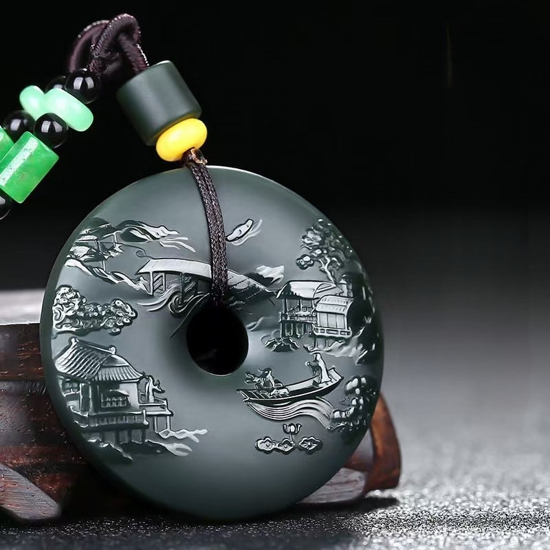 An Exquisite Cyan jade Landscape and Figure Pattern Pendant: An Exquisite Cyan jade Landscape and Figure Pattern Pendant 青玉山水人物纹挂件