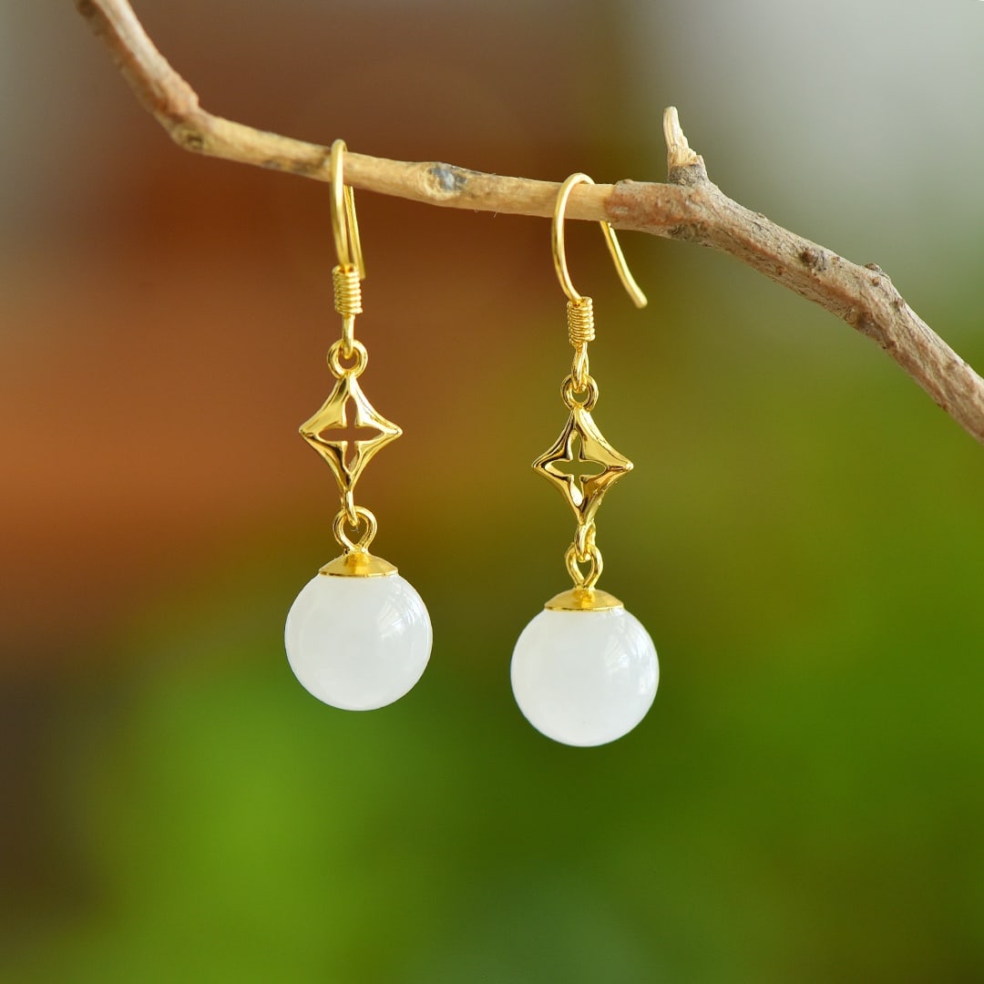 A Pair of Exquisite Sterling Silver-Gold Plated Inlaid White Jade Earrings: A Pair of Exquisite Sterling Silver-Gold Plated Inlaid White Jade Earrings, 一对纯银镀金镶白玉耳环