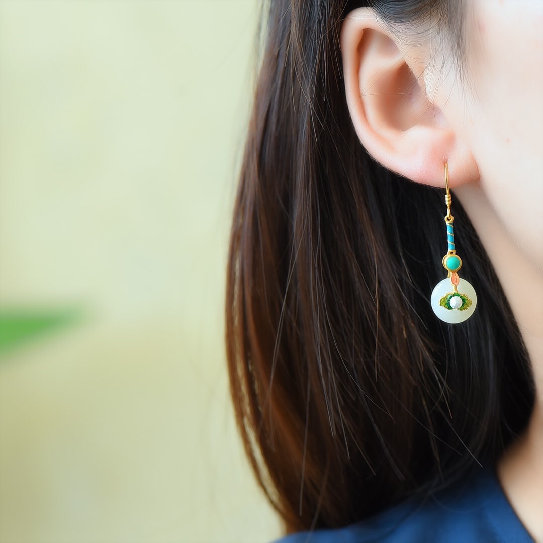 A Pair of Exquisite Sterling Silver-Gold Plated Inlaid White Jade Enamel Earrings,Inlaid Pearl (1 of 6)