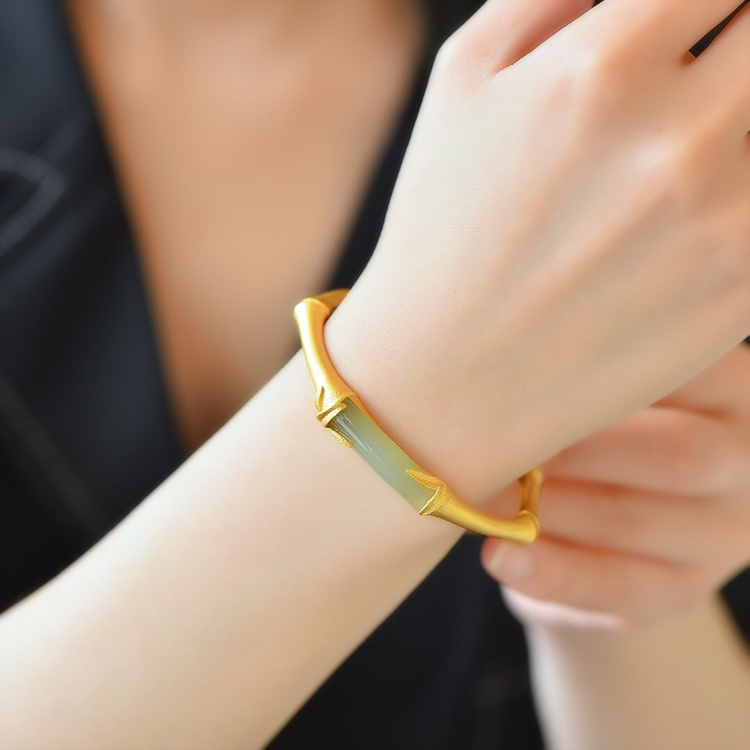 An Exquisite Sterling Silver-Gold Plated Inlaid White Jade Bracelet (1 of 6)