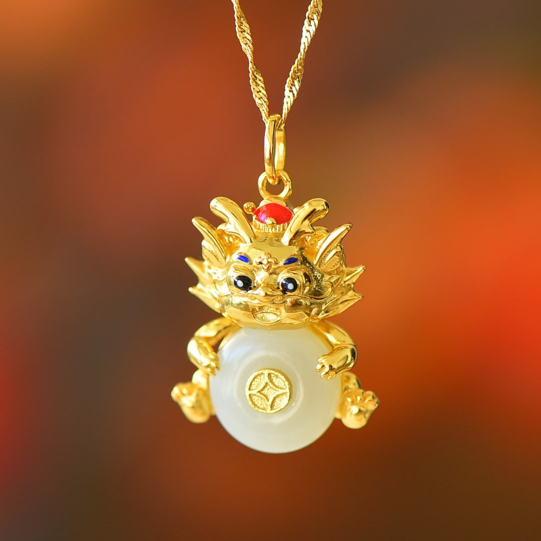 An Exquisite Sterling Silver Inlaid White Jade Dragon Pattern Necklace: An Exquisite Sterling Silver Inlaid White Jade Dragon Pattern Necklace,Size:0.4inx0.4in 纯银镶白玉龙纹项链