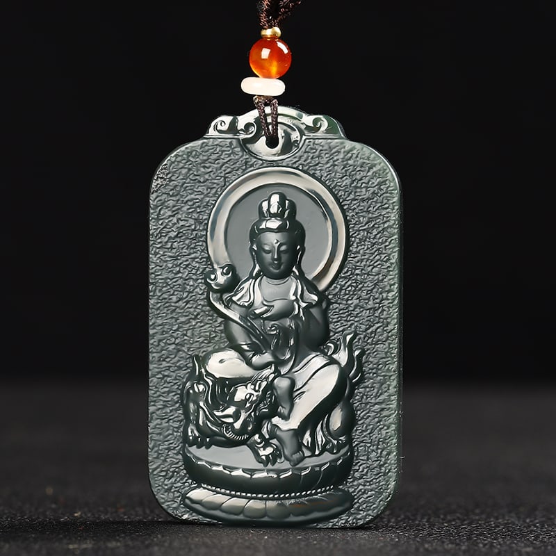 An Exquisite Cyan jade Statue of Manjusri Pendant: An Exquisite Cyan jade Statue of Manjusri Pendant,Size:2.5inx1.5inx0.3in 青玉文殊菩萨像挂件
