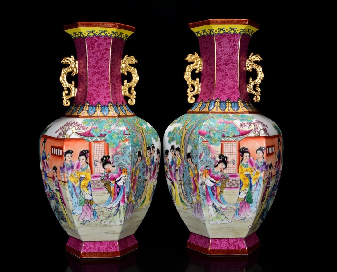 A Pair of Huge Ruby Red-Glazed Famille-Rose Gilt Woman Pattern Dragon-Ears Vases (1 of 9)