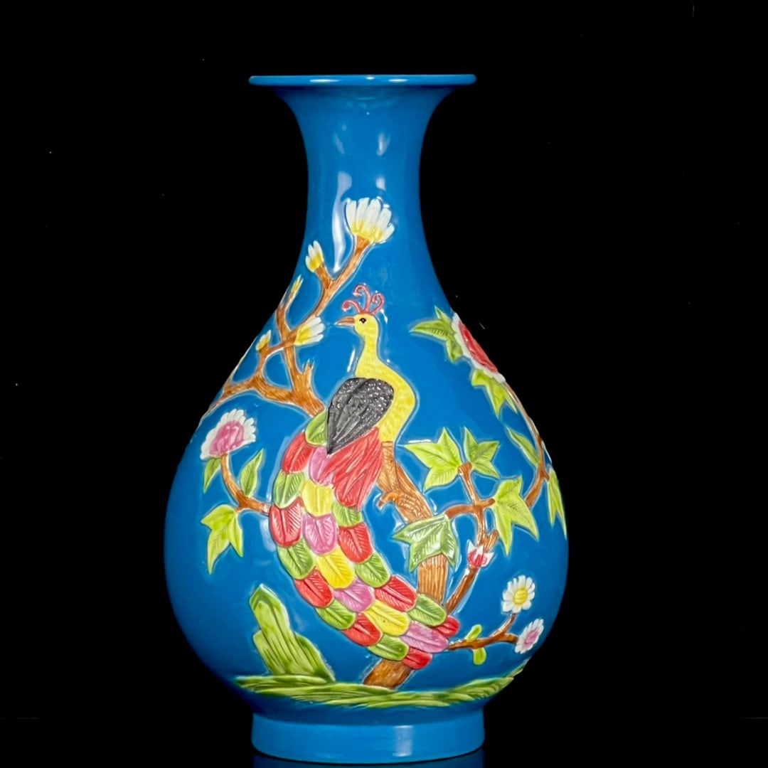 An Exquisite Blue Ground Famille-Rose Flower and Bird Pattern Vase: An Exquisite Blue Ground Famille-Rose Flower and Bird Pattern Vase,Qing Dynasty, China,Qianlong Six-character Mark,Size:8.3inx4.9in 