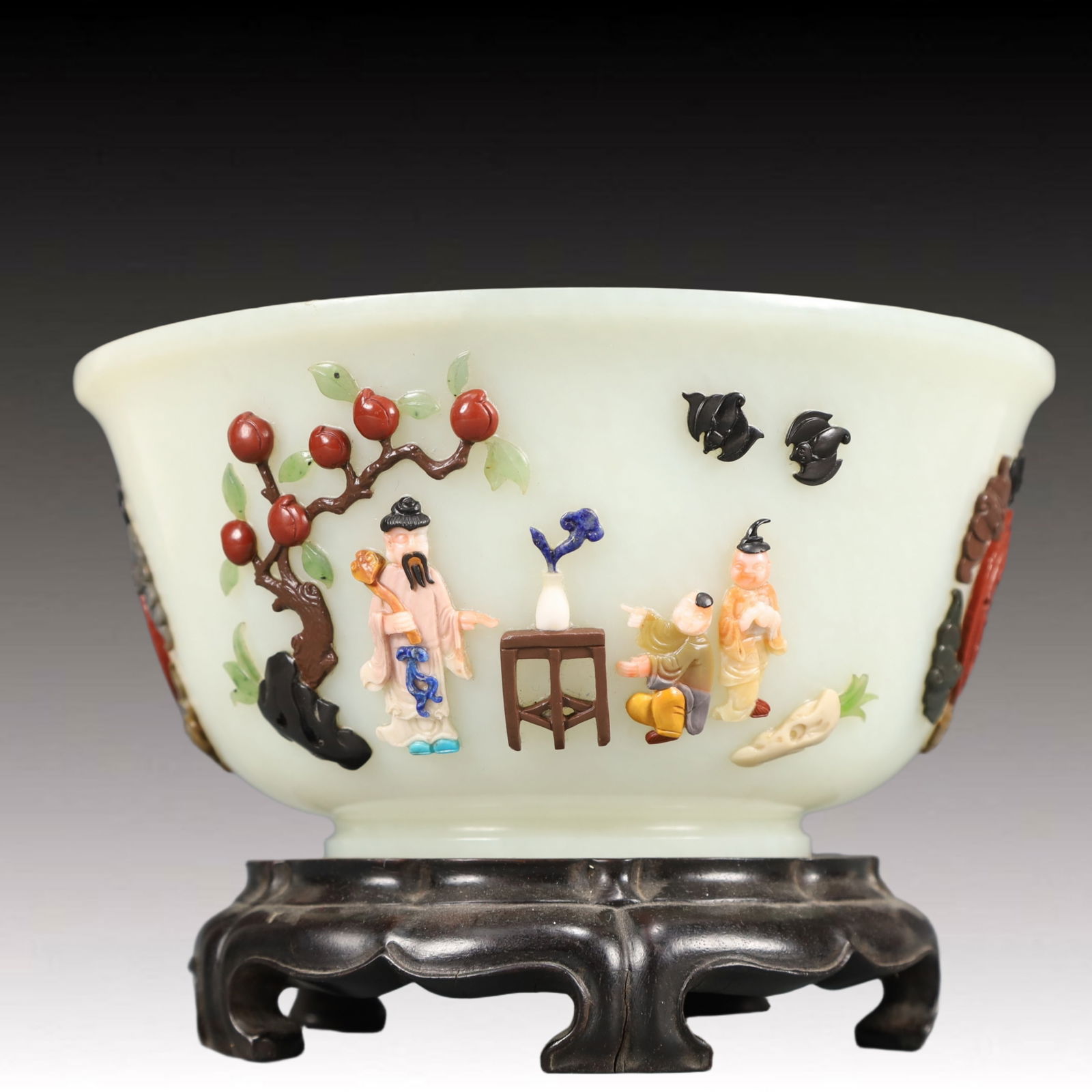 A Precious White Jade Inlaid Gems Character and Story Pattern Bowl: A Precious White Jade Inlaid Gems Character and Story Pattern Bowl,Qing Dynasty, China,Size:6.7inx4.3in Weight:650g 
