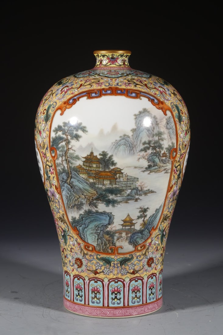 A Rare Enamel Yellow Ground Painted Gold Lotus,Landscape and Figure Pattern Vase,With Poem: A Rare Enamel Yellow Ground Painted Gold Lotus,Landscape and Figure Pattern Vase,With Poem, Qing Dynasty, China,Qianlong Six-character Mark,Size:12.6inx1.8inx4.7in 