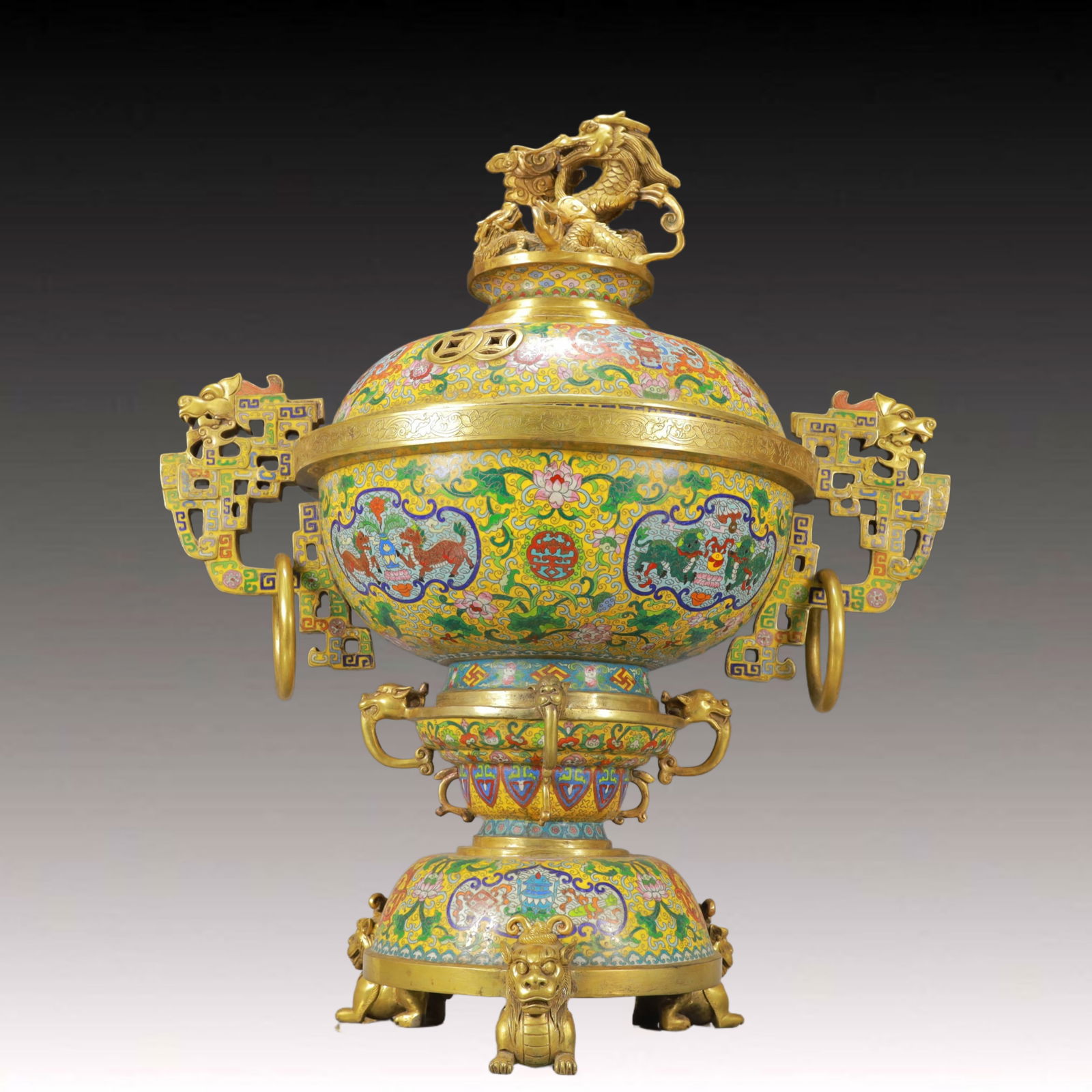 A Exquisite Cloisonne Lotus Pattern Auspicious Beast Pattern Double-Ears and Tripod Censer: A Exquisite Cloisonne Lotus Pattern Auspicious Beast Pattern Double-Ears and Tripod Censer Qing Dynasty, China Qianlong Six-character Mark ,Size:26.2inx21.3in Weight:28900g 景泰蓝
