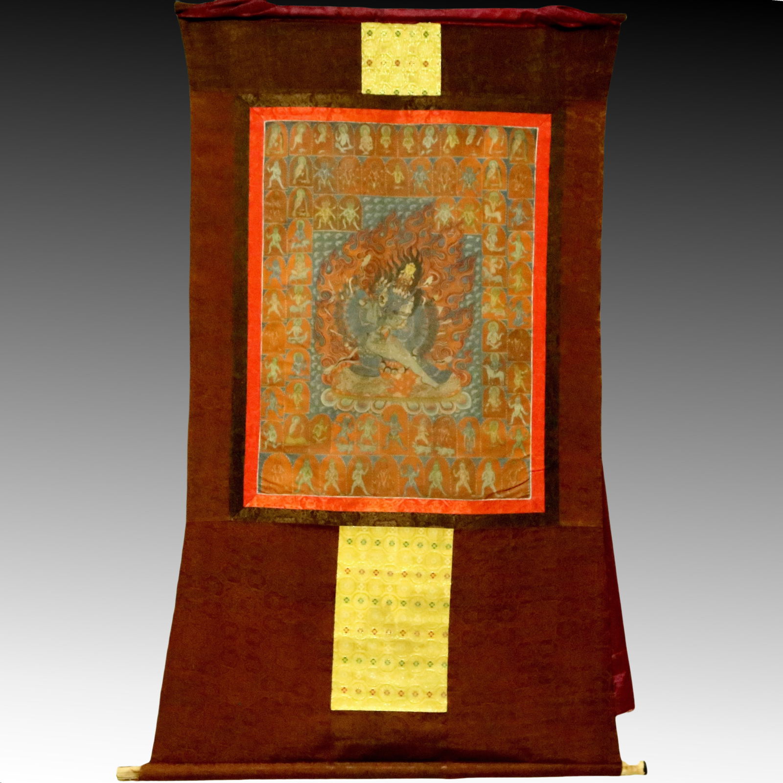 An Exquisite Brocade Painted Color Statue of Yamantaka Tangka: An Exquisite Brocade Painted Color Statue of Yamantaka Tangka,Qing Dynasty, China,Size:34.3inx53.1in 织锦彩绘大威德金刚像唐卡