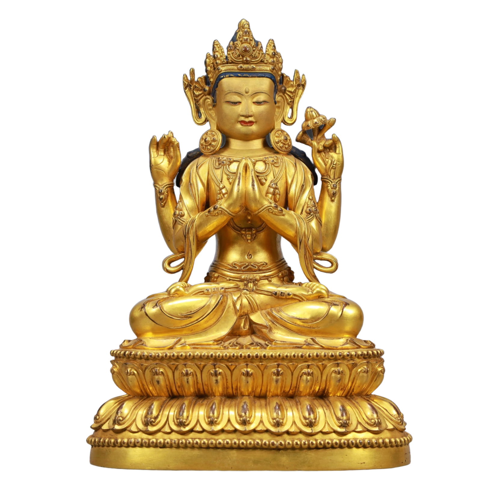 A Solemn Gilt Bronze Four-arms Statue of Avalokitesvara: A Solemn Gilt Bronze Four-arms Statue of Avalokitesvara,Ming Dynasty, China,Yongle Six-character Mark,Size:9.1inx5.5inx13.8in Weight:5850g 铜鎏金四臂观音Î