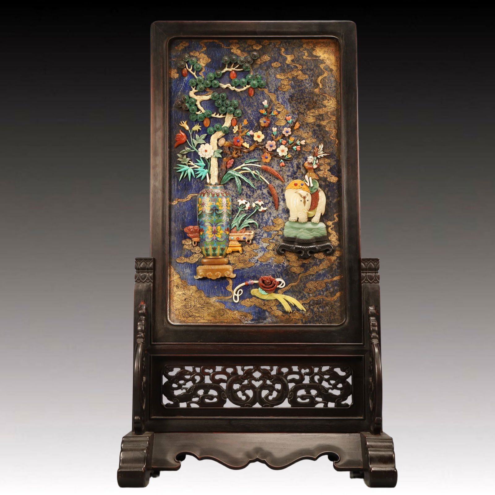 A Huge Zitanwood Inlaid Lapis Lazuli Flower and Elephant Pattern Table Screen,Inlaid Gems,Qing: A Huge Zitanwood Inlaid Lapis Lazuli Flower and Elephant Pattern Table Screen,Inlaid Gems,Qing Dynasty, China,Size:14.4inx8.7inx26.2in,Weight:6700g 紫檀木镶青金