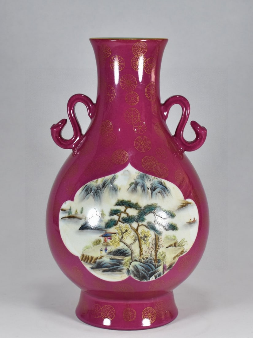 A Rare Ruby Red-Glazed Famille-Rose Painted Gold Landscape and Figure Pattern Ruyi-Ears Vase (1 of 8)