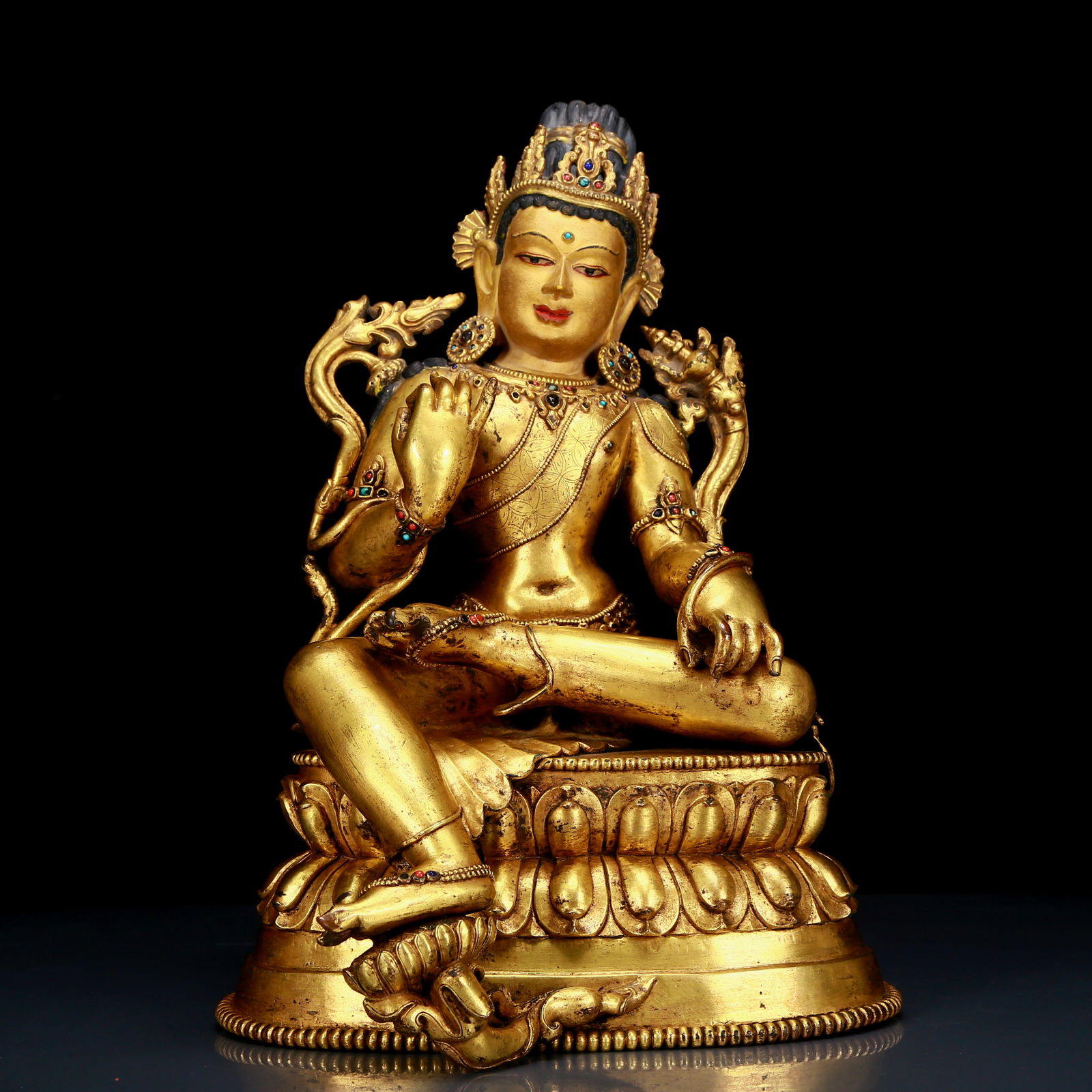 An Exquisite Gilt Bronze Inlaid Gems Statue of Green Tara (1 of 13)