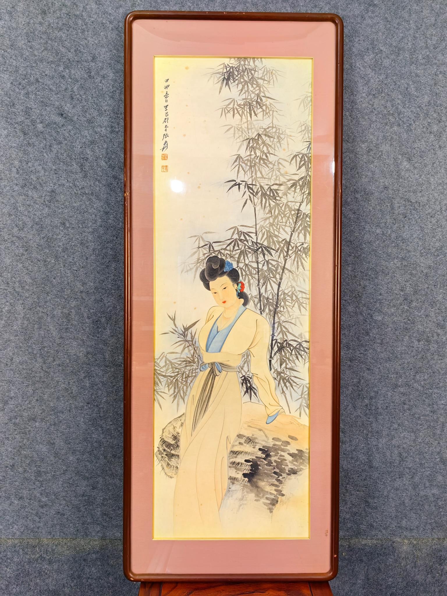 A Chinese Ink Painting of Woman on Paper With Frame,Zhang Daqian: A Chinese Ink Painting of Woman on Paper With Frame,Zhang Daqian,Size:(Without frame)13.4inx40.9in,(Total)18.5inx49.2in 