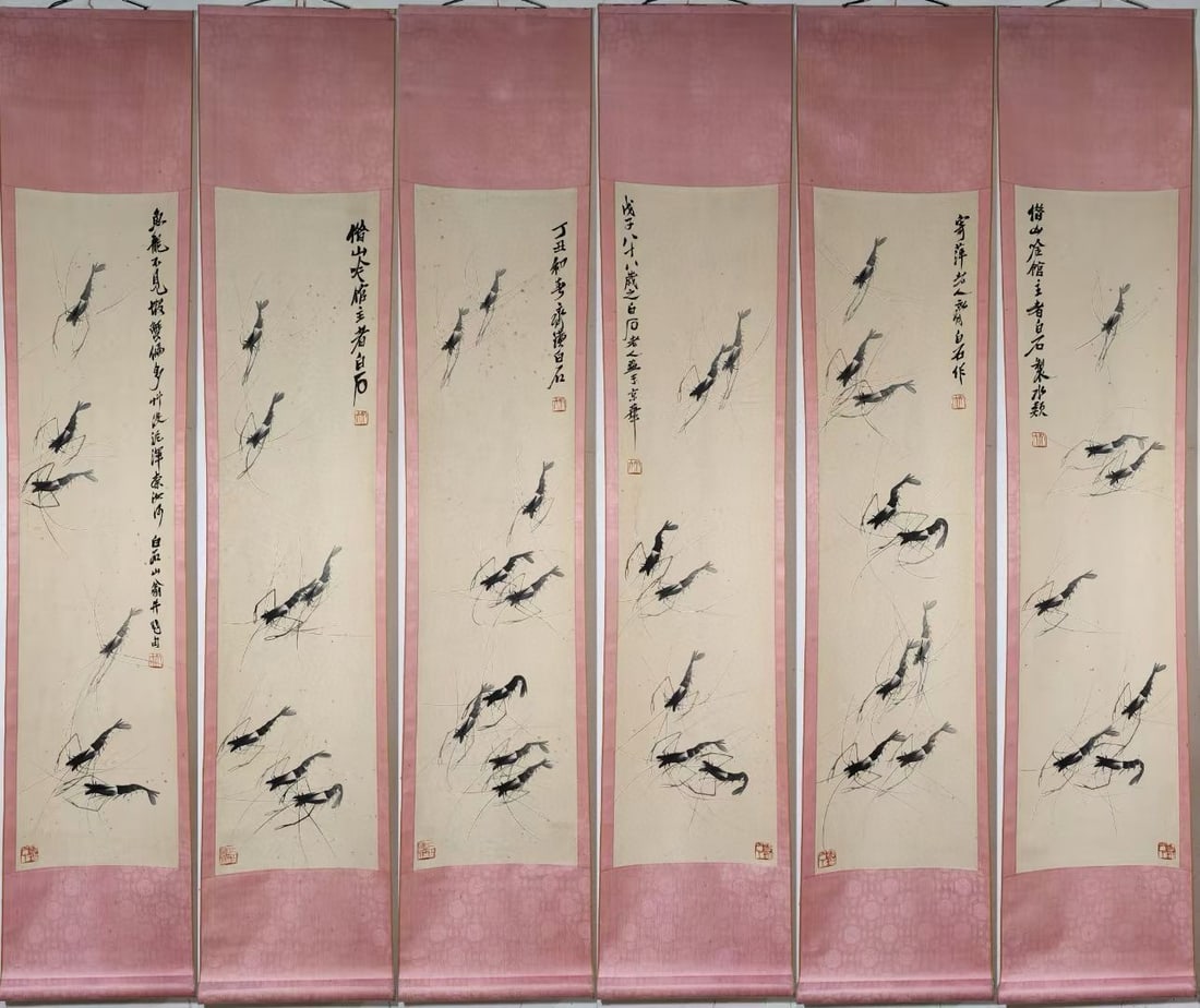 A Set of Chinese Vertical Scroll Ink Painting of Shrimp on Paper,Qi Baishi: A Set of Chinese Vertical Scroll Ink Painting of Shrimp on Paper,Qi Baishi,Size:(Without frame)54.1inx13.2in*6 一套中国水墨虾图立轴,齐