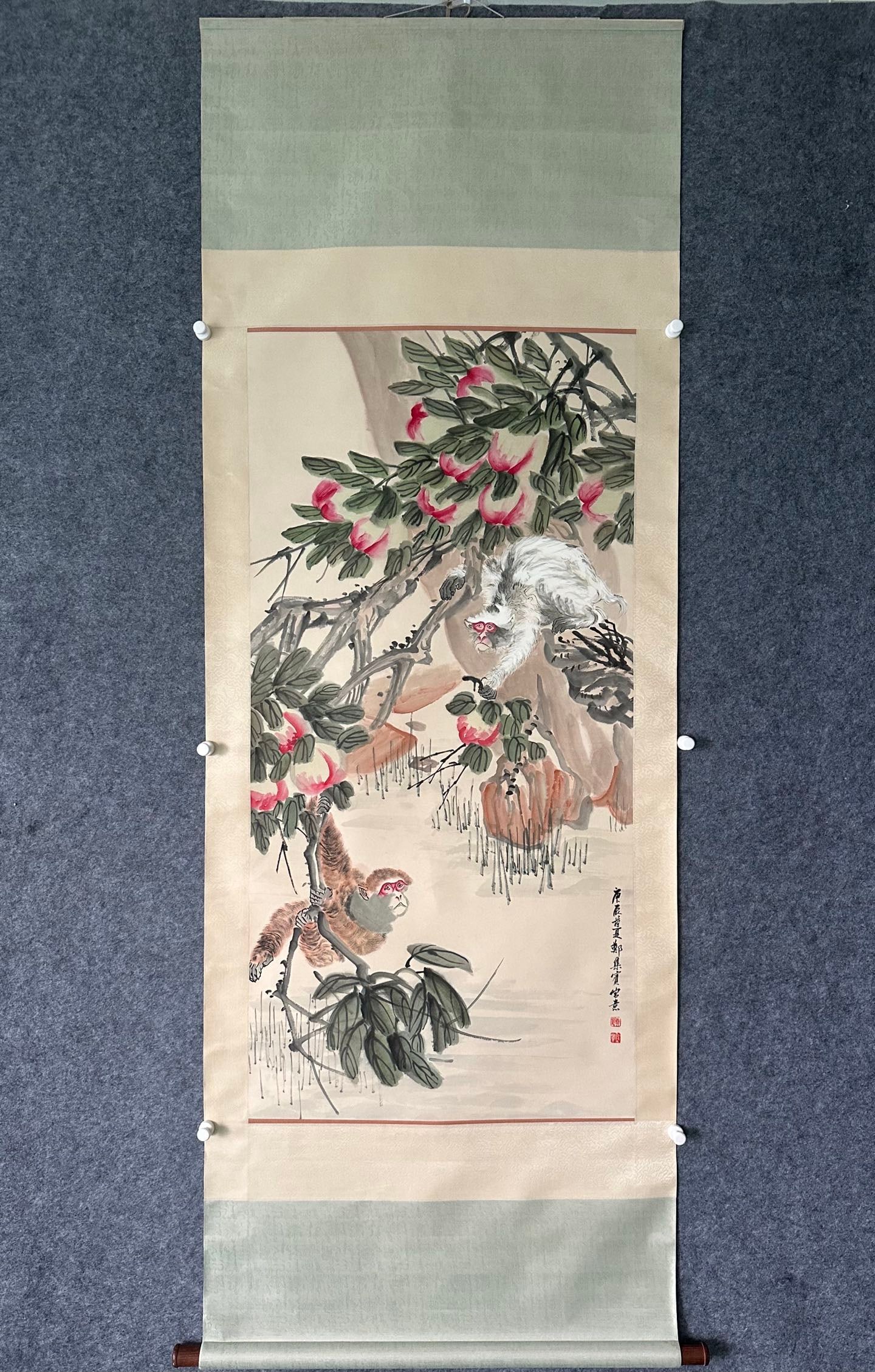 A Chinese Vertical Scroll Ink Painting of Monkey and Peach on Paper,Zheng Jibin (1 of 7)