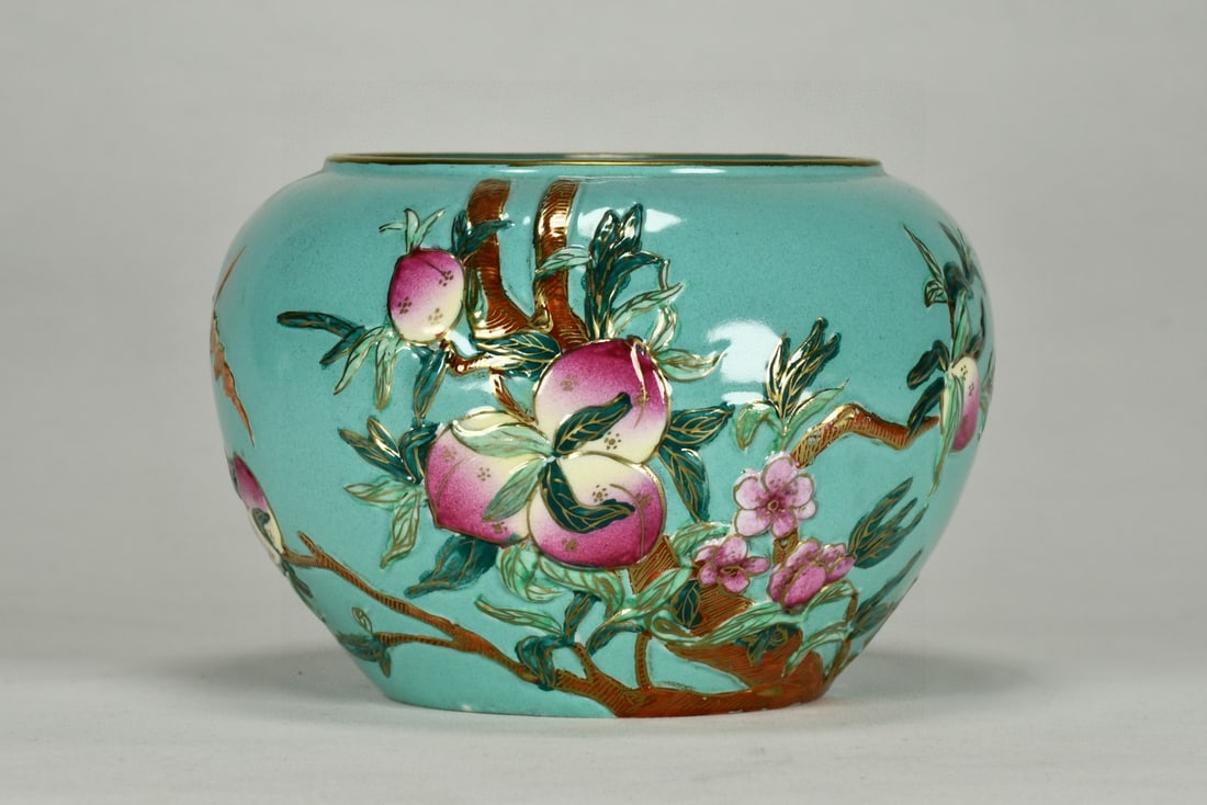 An Exquisite Turquoise Glazed Famille-Rose Painted Gold Bats and Peach Pattern Water Pot (1 of 9)