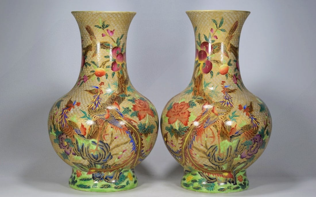 A Pair of Huge Enamel Painted Gold Peony and Phoenix Pattern Vases (1 of 9)