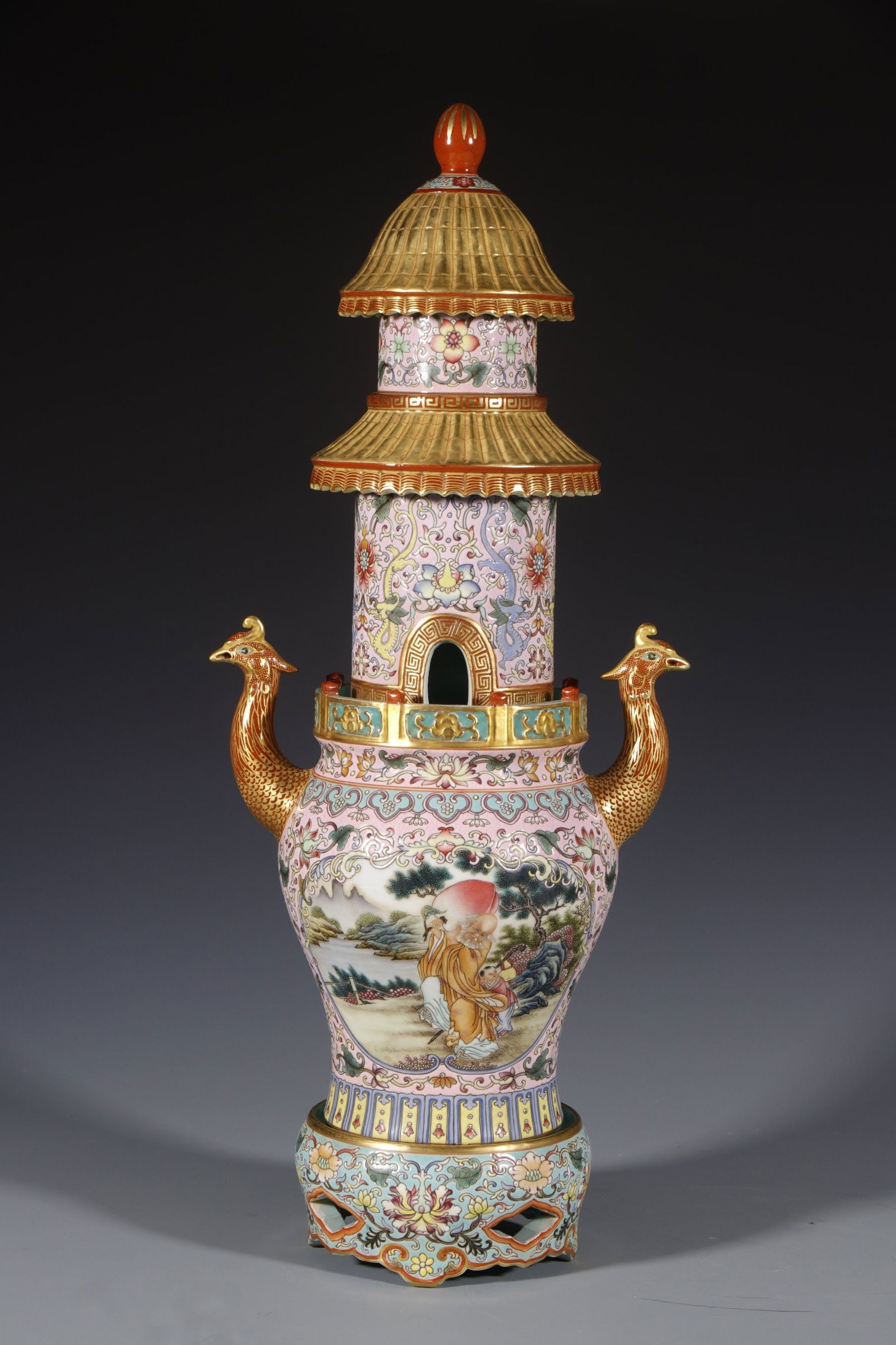 A Huge Enamel Pink Ground Painted Gold Lotus and Figure Pattern Phoenix-Ears Censer: A Huge Enamel Pink Ground Painted Gold Lotus and Figure Pattern Phoenix-Ears Censer, Qing Dynasty, China,Size:18.1inx4.5inx4.1in 珐琅彩粉地描金缠枝