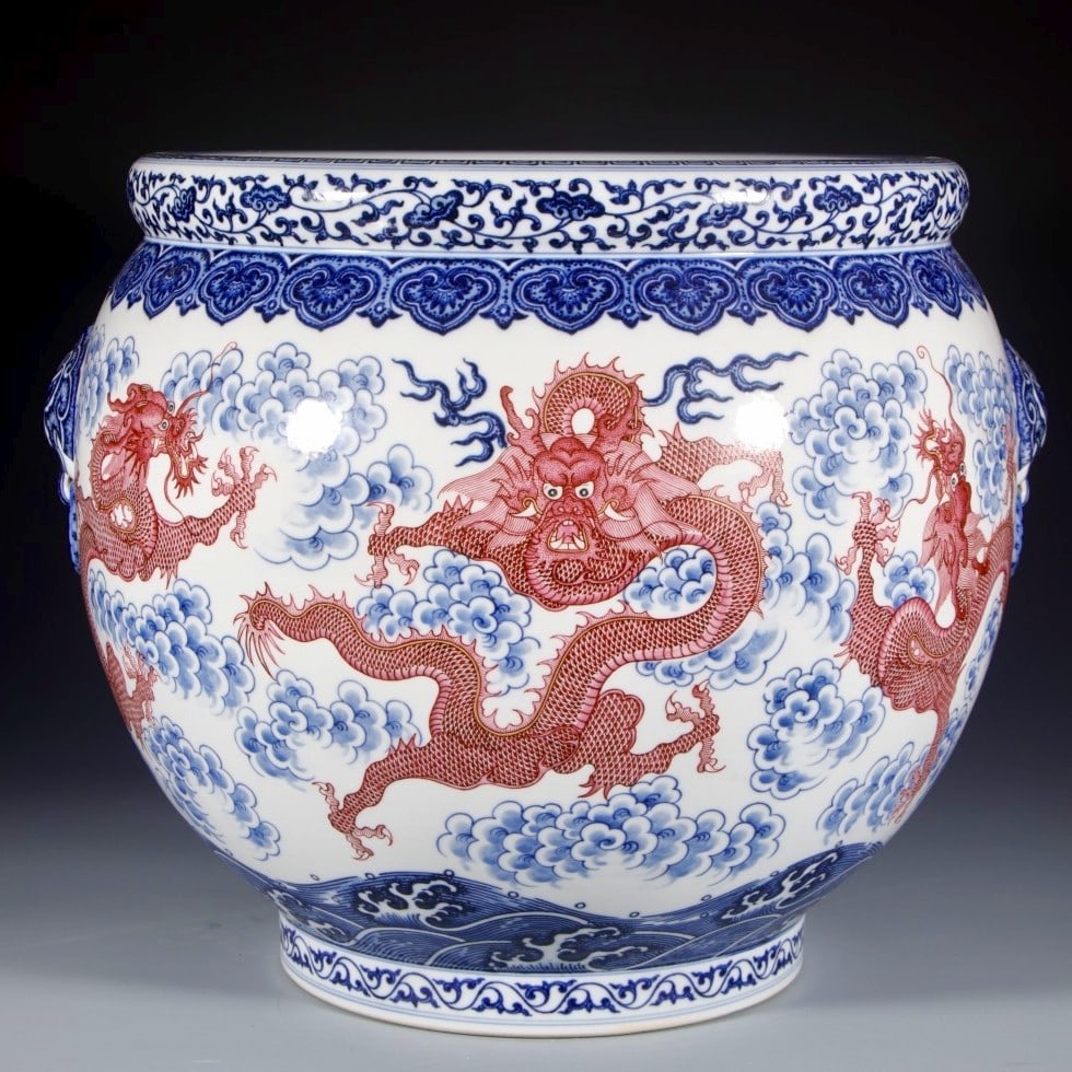 A Rare Blue and White Iron-Red Color Seawater,Auspicious Cloud and Dragon Pattern Beast-Ears Vat (1 of 9)