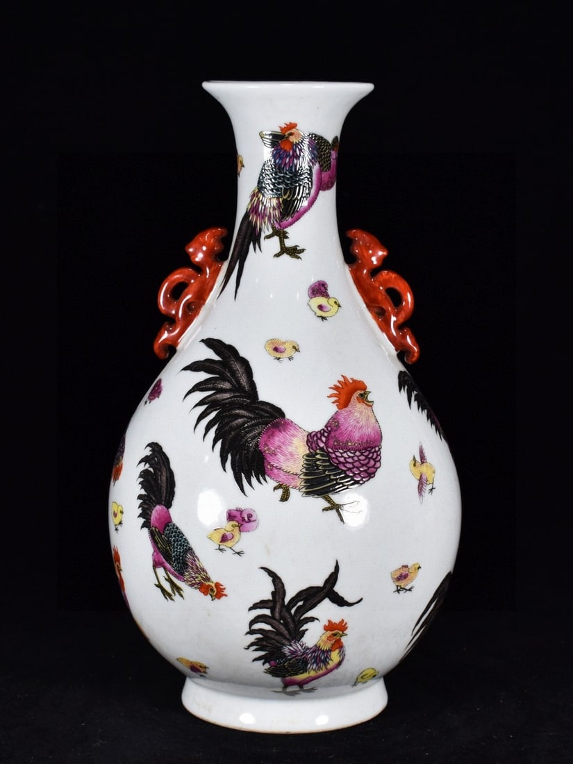 A Rare Famille-Rose Rooster Pattern Dragon-Ears Vase (1 of 9)