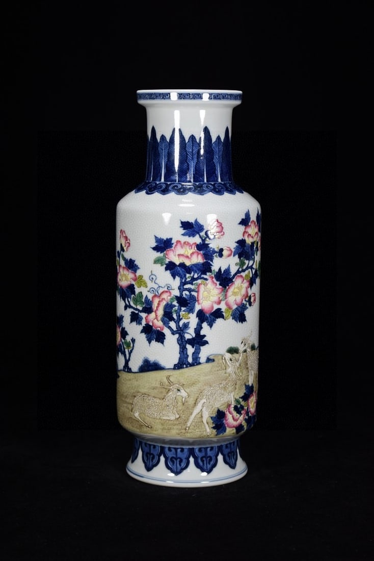 A Rare Blue and White Doucai Flower and Sheep Pattern Vase: A Rare Blue and White Doucai Flower and Sheep Pattern Vase,Qing Dynasty, China,Qianlong Six-character Mark,Size:13.8inx6.3in 