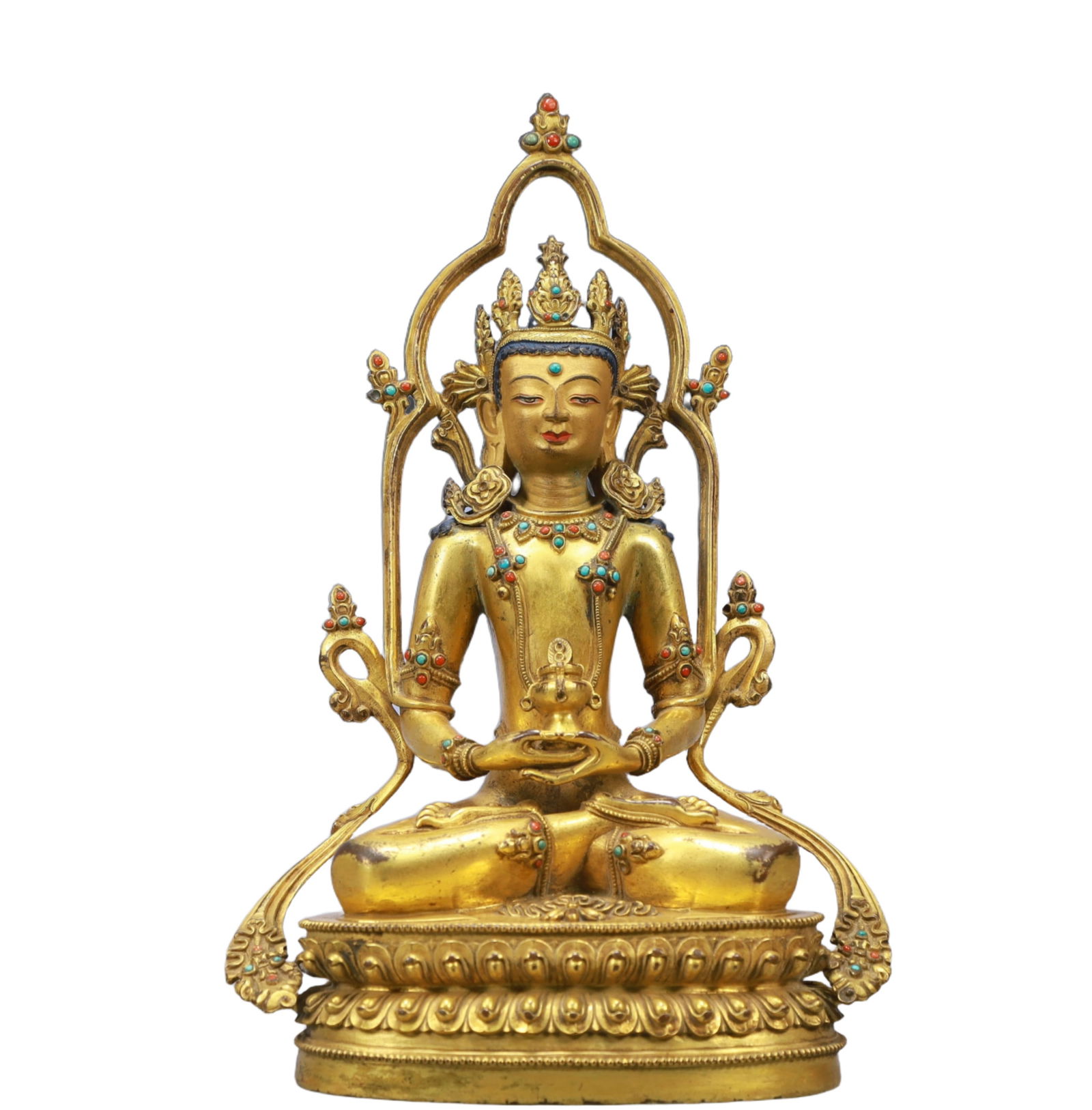 A Solemn Gilt Bronze Inlaid Gems Statue of Amitayus: A Solemn Gilt Bronze Inlaid Gems Statue of Amitayus,Ming Dynasty, China,Size:7.5inx5.1inx11.8in Weight:2450g 