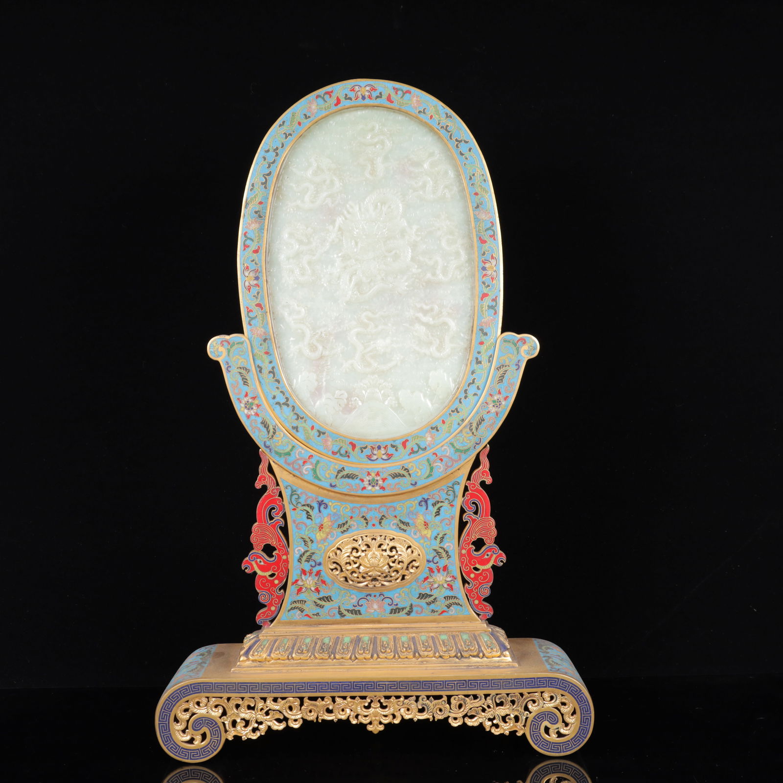 An Exquisite Cloisonne Inlaid White Jade Dragon Pattern Table Screen,with poem: An Exquisite Cloisonne Inlaid White Jade Dragon Pattern Table Screen,with poem,Qing Dynasty, China,Qianlong Four-character Mark,Size:19.3inx12.2inx3.5in,Weight:3500g 景泰蓝嵌&#