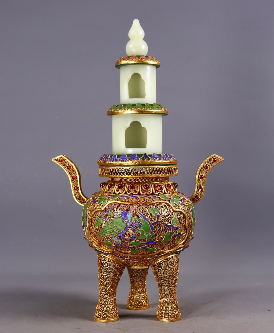 A Rare Flower silk gold-plated Inlaid White Jade Double-Ears and Tripod Censer,Inlaid Gems: A Rare Flower silk gold-plated Inlaid White Jade Double-Ears and Tripod Censer,Inlaid Gems,Qing Dynasty, China,Qianlong Four-character Mark,Size:12.4inx7.1inx3.9in,Weight:939g 