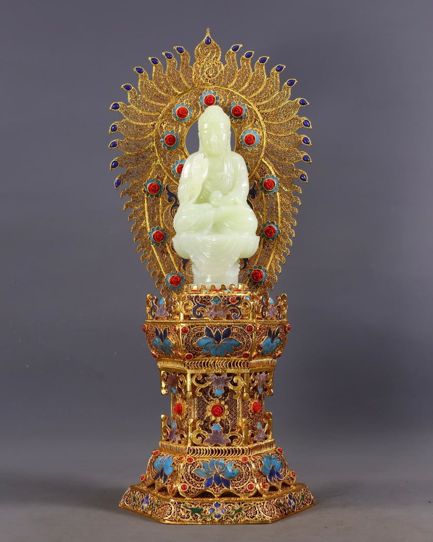 A Rare Flower silk gold-plated Inlaid White Jade Buddha Statue,Inlaid Gems: A Rare Flower silk gold-plated Inlaid White Jade Buddha Statue,Inlaid Gems,Qing Dynasty, China,Qianlong Four-character Mark,Size:14.6inx5.9inx5.7in,Weight:1515g 