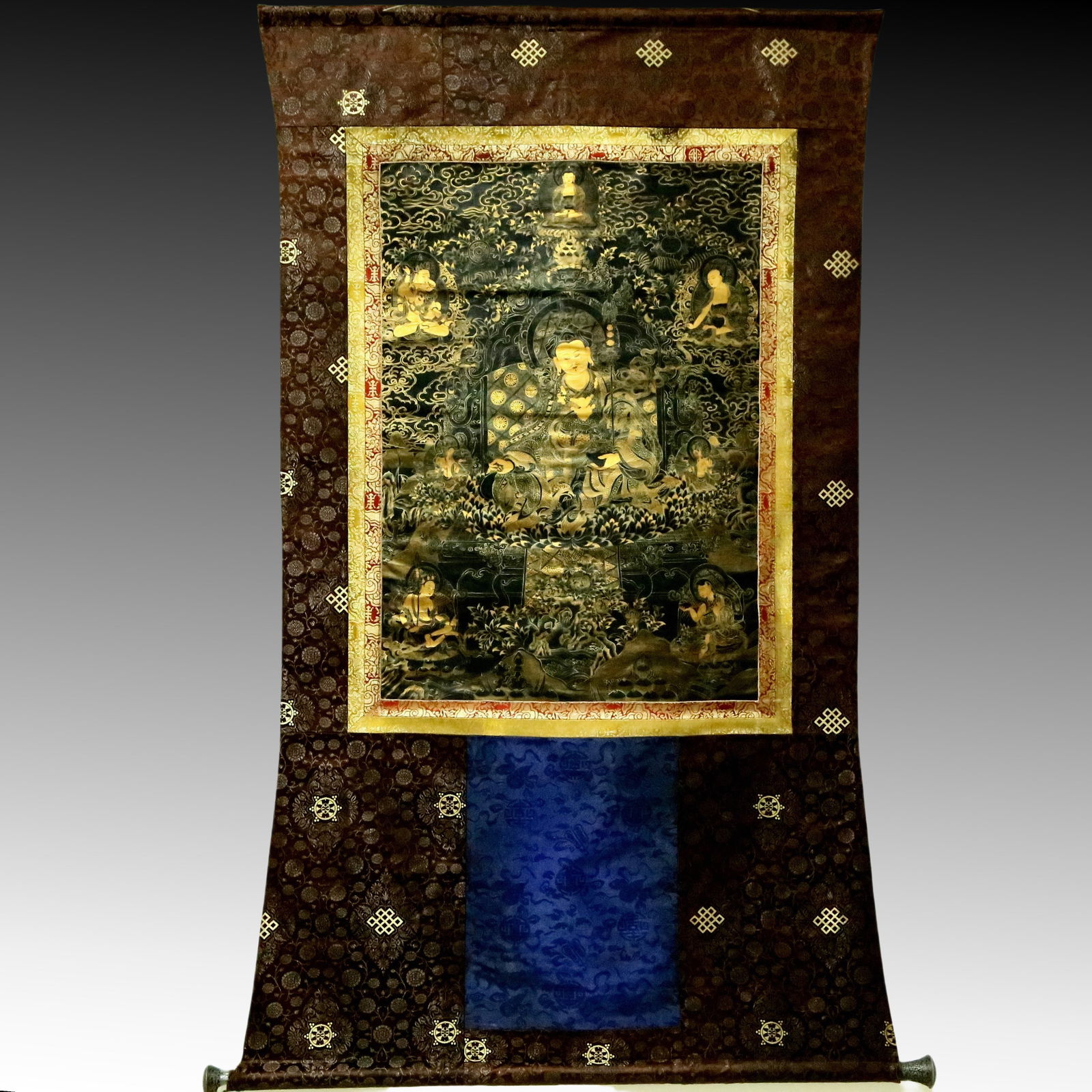 An Exquisite Brocade Painted Color Statue of Padma Sambhava Tangka: An Exquisite Brocade Painted Color Statue of Padma Sambhava Tangka,Qing Dynasty, China,Size:37inx59.8in 