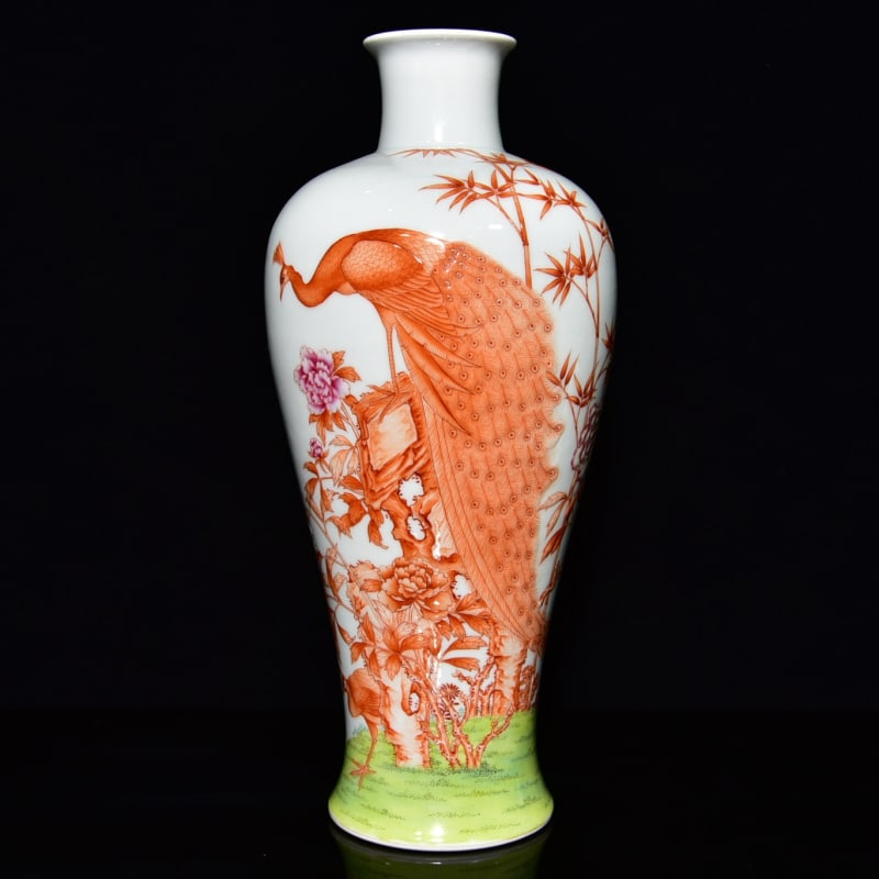 A Rare Famille-Rose Iron-Red Glazed Peony and Peacock Pattern Vase,With Poem: A Rare Famille-Rose Iron-Red Glazed Peony and Peacock Pattern Vase,With Poem,Qing Dynasty, China,Qianlong Six-character Mark,Size:13inx5.5in 