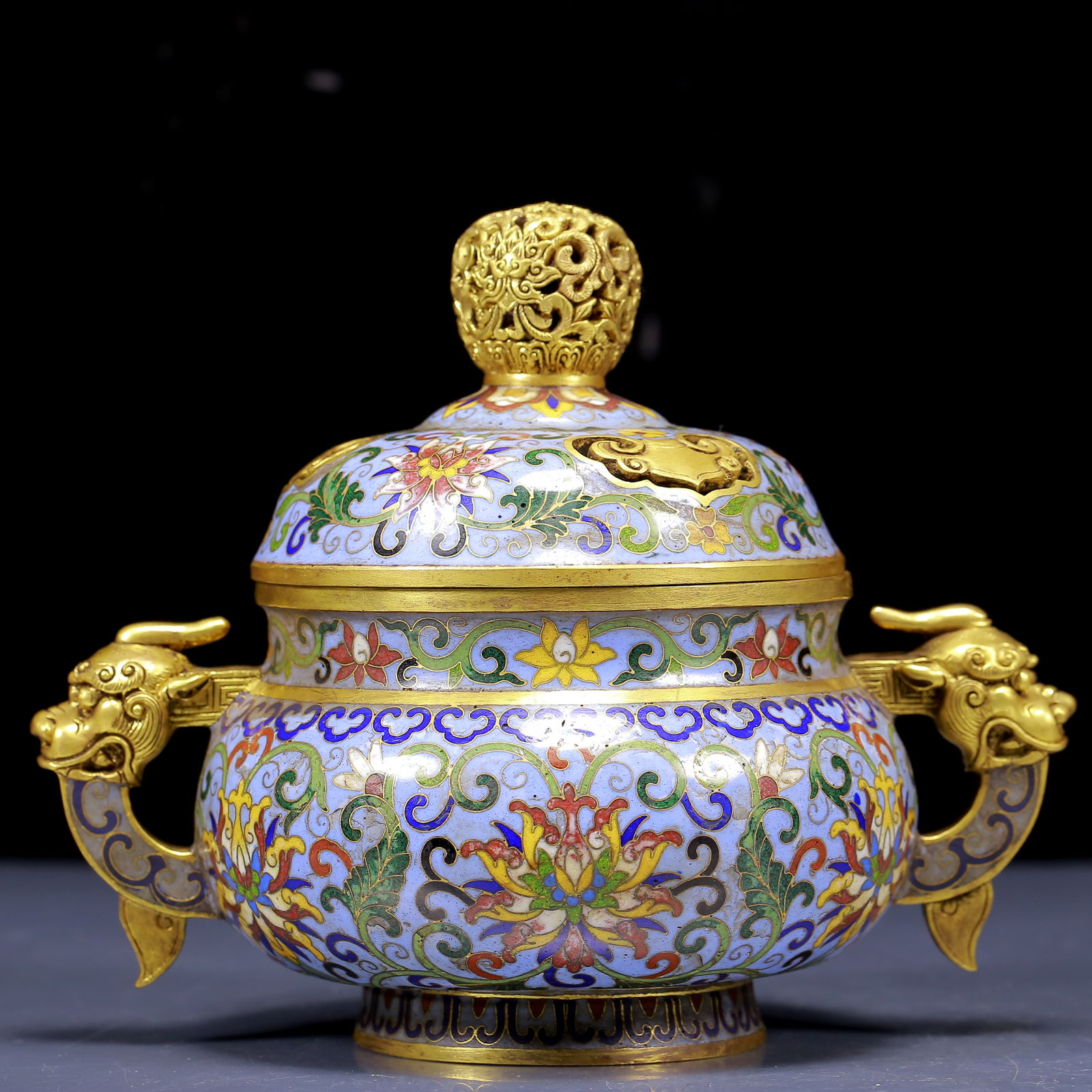 An Exquisite Cloisonne Lotus Pattern Double-Ears Censer: An Exquisite Cloisonne Lotus Pattern Double-Ears Censer,Qing Dynasty, China,Qianlong Four-character Mark,Size:7.9inx4.7inx6.3in,Weight:2120g 