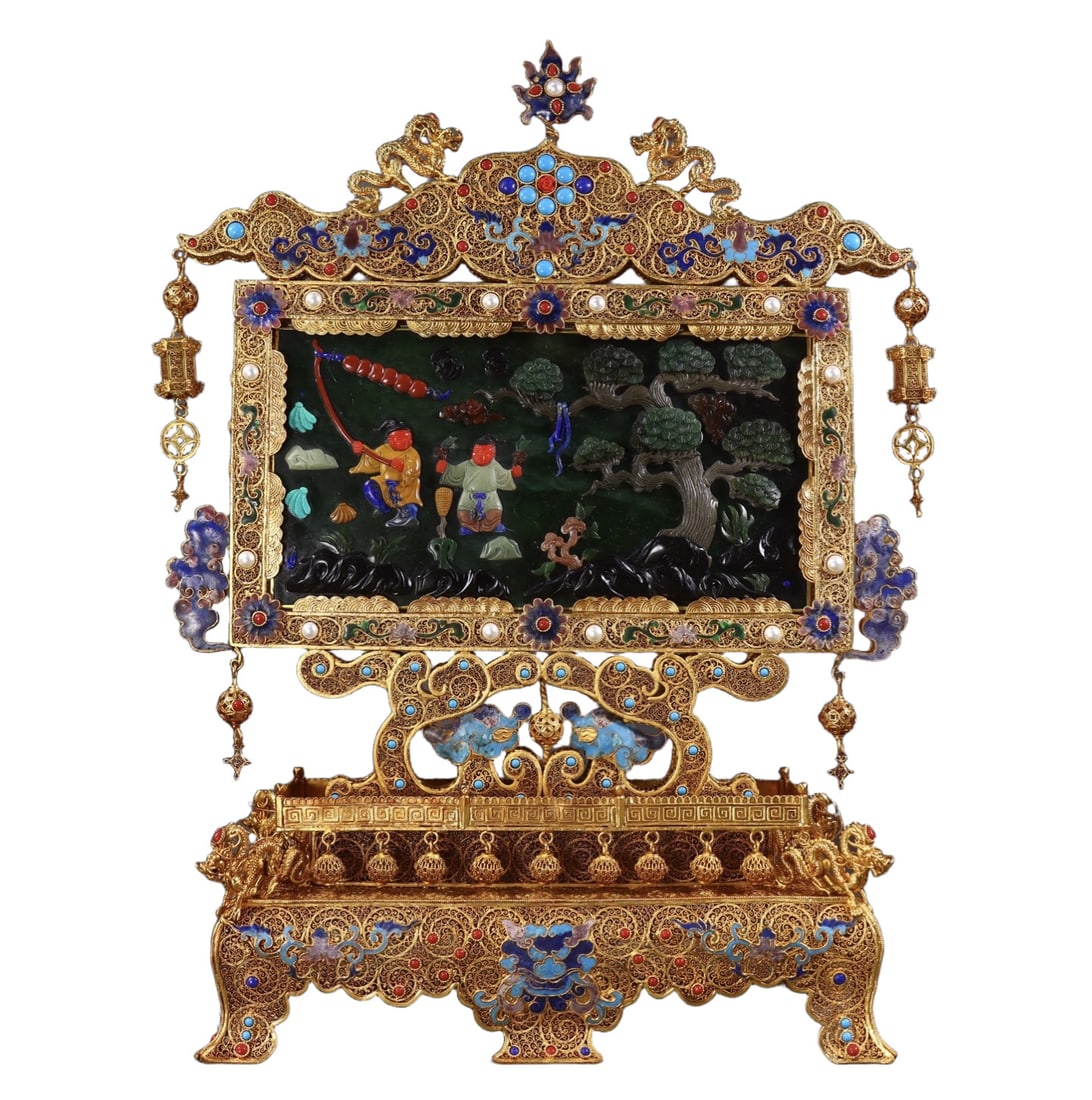 A Huge Filigree and Gilding Inlaid Jasper Figure and Dragon Pattern Screen,Inlaid Gems and Pearls: A Huge Filigree and Gilding Inlaid Jasper Figure and Dragon Pattern Screen,Inlaid Gems and Pearls,Qing Dynasty,China,Size:18.1inx13.8inx4.7in,Weight:3096g 花丝鎏金镶Ĵ
