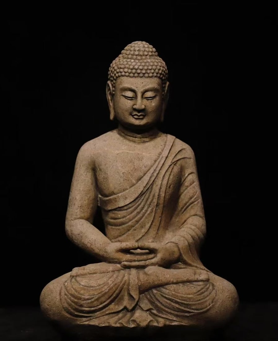A Solemn Sandstone Statue of Sakyamuni: A Solemn Sandstone Statue of Sakyamuni,Tang Dynasty, China,Size:18.9inx13inx11in 