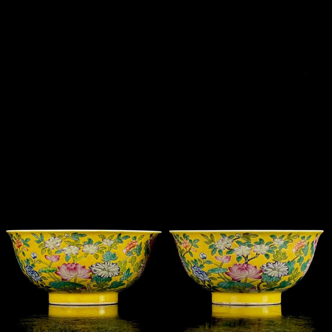 A Pair of Exquisite Yellow Ground Enamel Flower Pattern Bowls: A Pair of Exquisite Yellow Ground Enamel Flower Pattern Bowls,Qing Dynasty, China,Kangxi Four-character Mark,Size:2.9inx6.1in 一对黄地珐琅彩花卉&#
