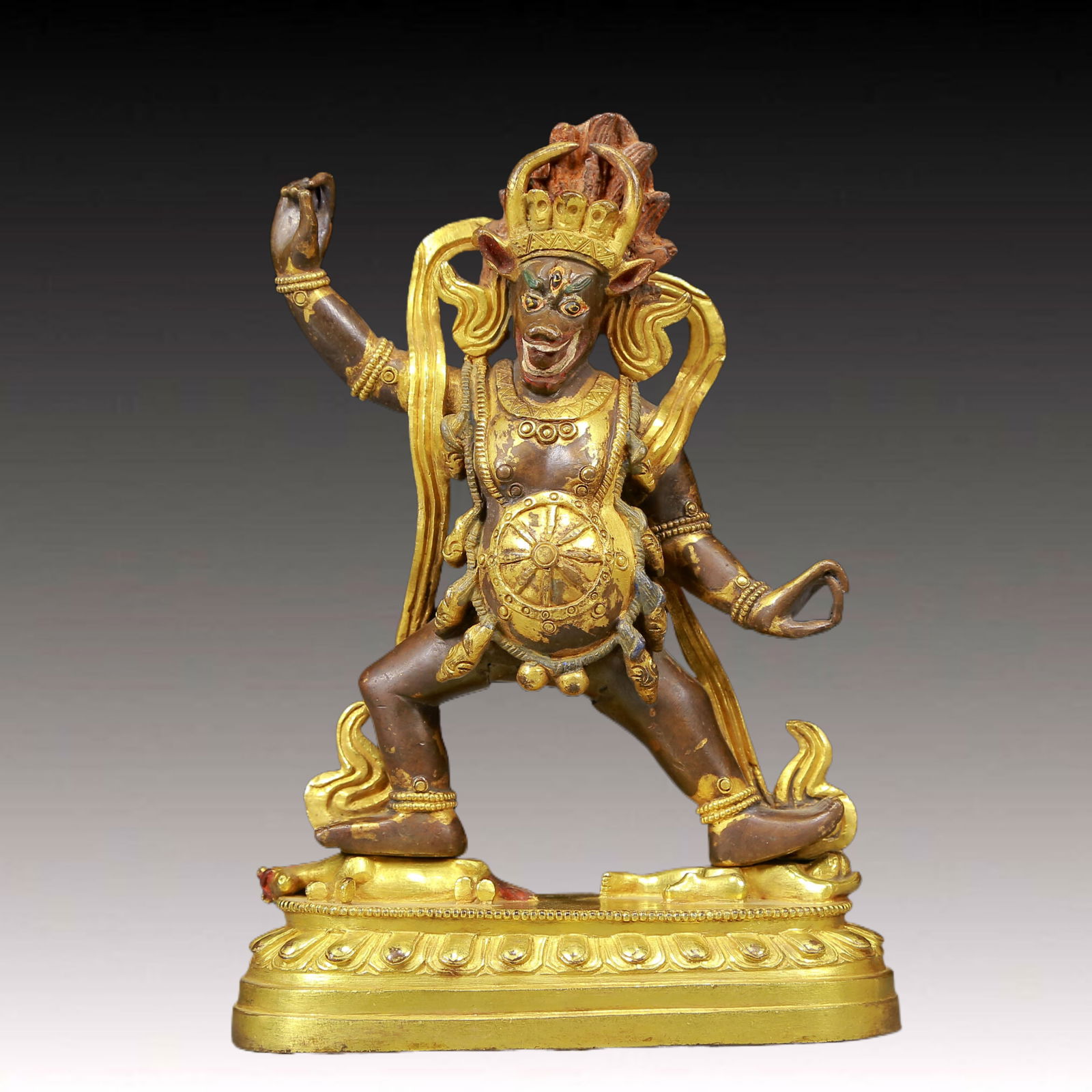 A Solemn Gilt Bronze Statue of Buffalo-Headed Vajra: A Solemn Gilt Bronze Statue of Buffalo-Headed Vajra,Ming Dynasty, China,Size:5.3inx2.2inx7.5in,Weight:1345g 铜鎏金牛头金刚像，明代