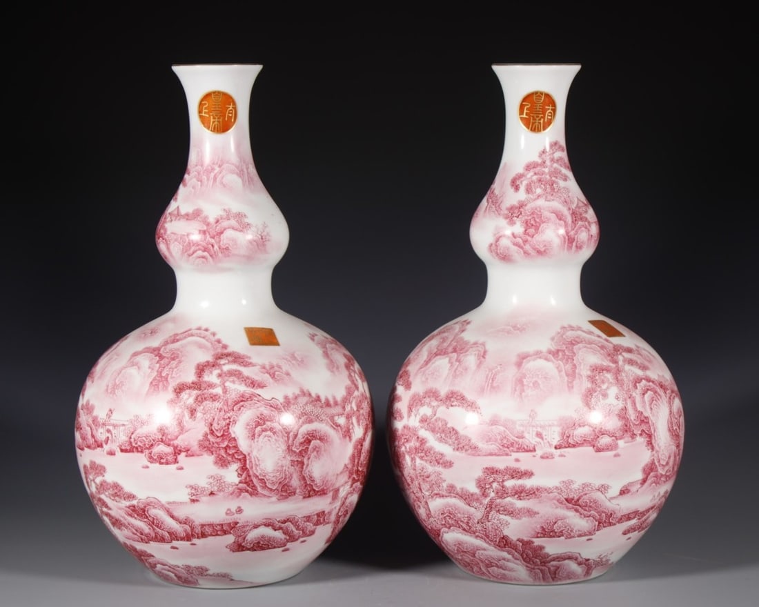 A Pair of Huge Agate Red-Color Painted Gold Landscape and Figure Pattern Gourd Vases (1 of 9)