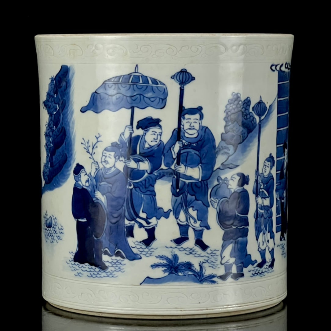 An Exquisite Blue and White Character and Story Pattern Brush Pot (1 of 9)