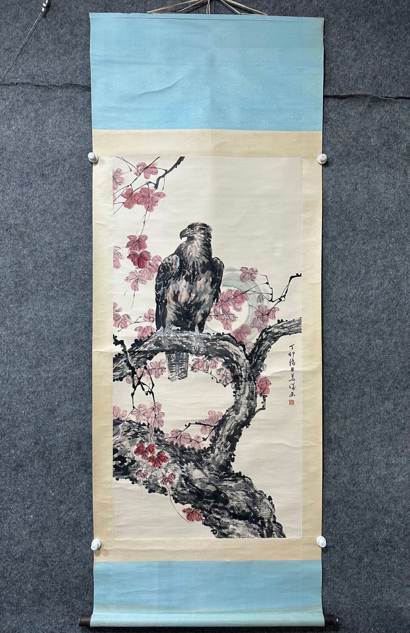 A Chinese Vertical Scroll Ink Painting of Eagle on Paper,Yang Shanshen (1 of 7)